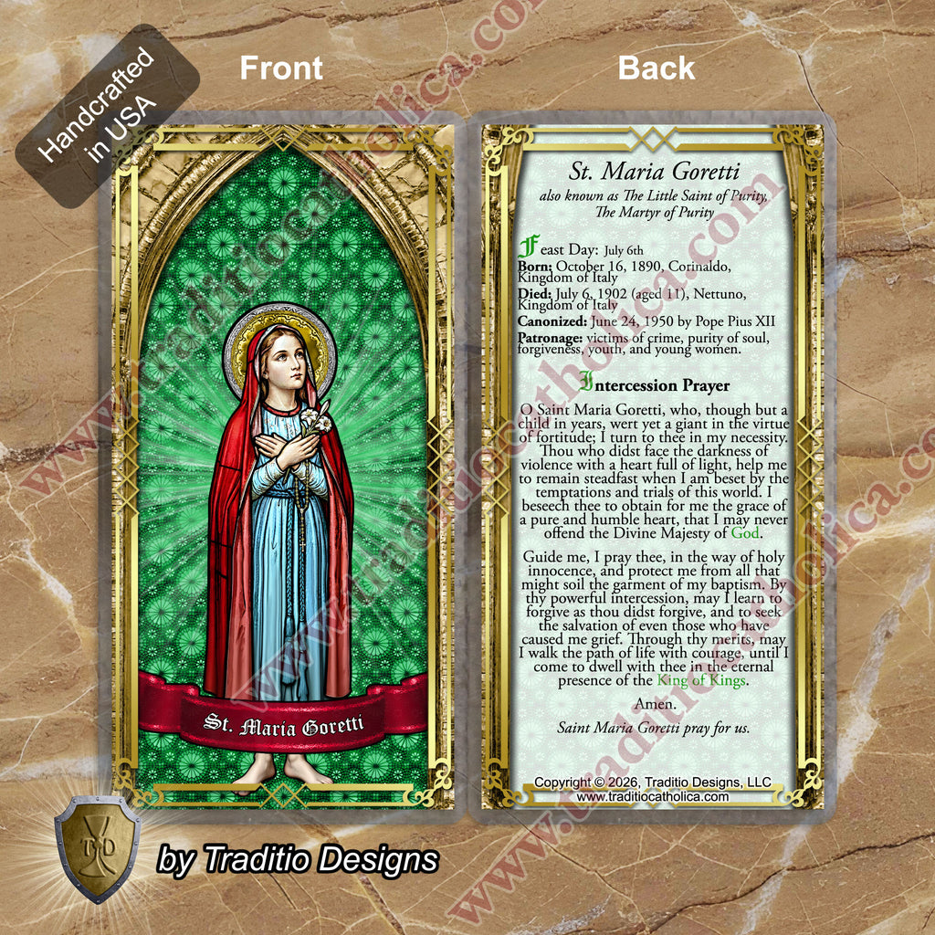 St. Maria Goretti, Patron of Crime Victims | Catholic prayer holy card | Laminated Stained Glass Gold Design