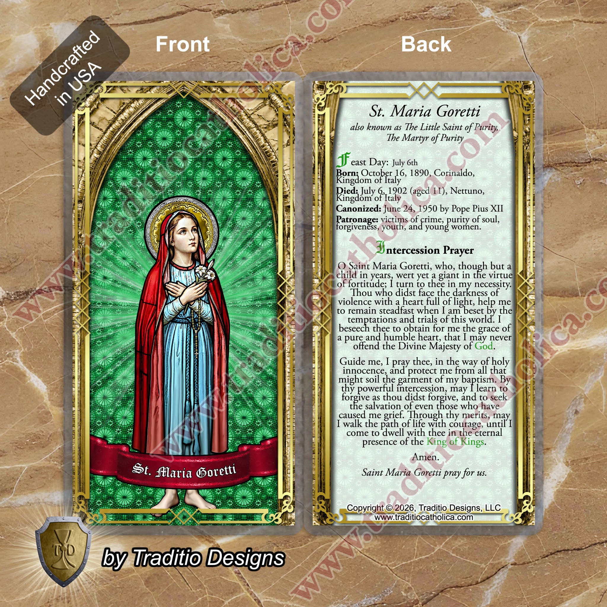 St. Maria Goretti, Patron of Crime Victims | Catholic prayer holy card | Laminated Stained Glass Gold Design