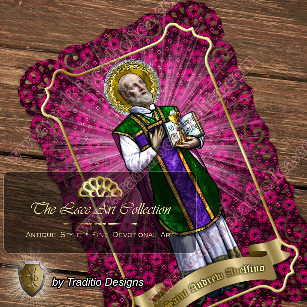 St. Andrew Avellino, Patron of Stroke Victims - Catholic prayer holy card - Handcrafted Lace card