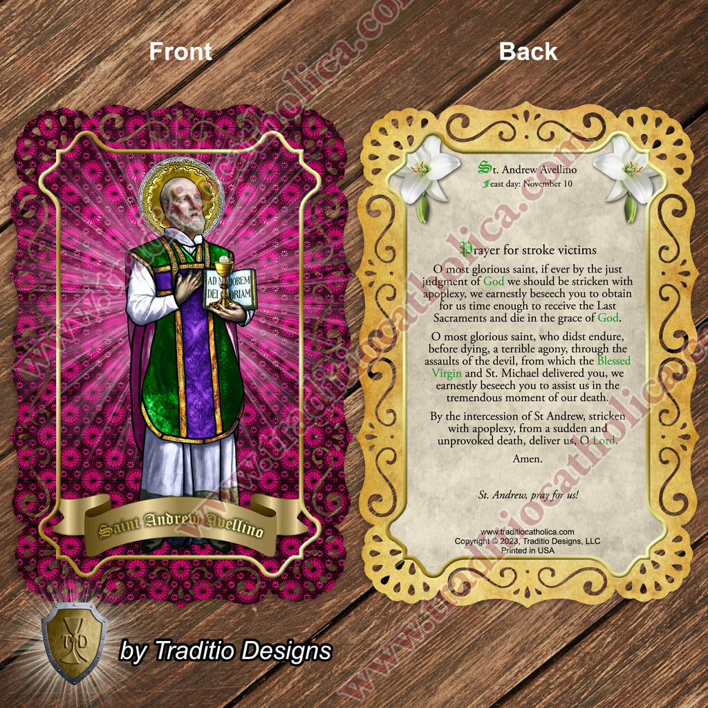 St. Andrew Avellino, Patron of Stroke Victims - Catholic prayer holy card - Handcrafted Lace card