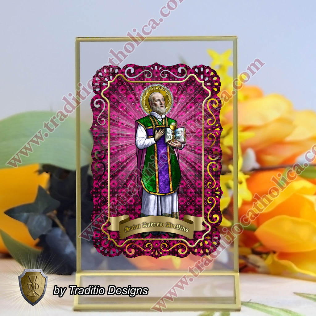 St. Andrew Avellino, Patron of Stroke Victims - Catholic prayer holy card - Handcrafted Lace card