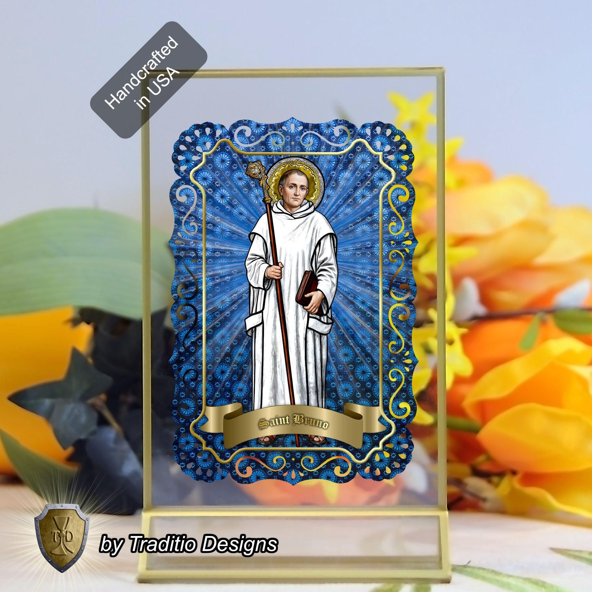 St. Bruno | Spiritual Oppression, Peace of Mind & Sensory Healing | Catholic holy lace card | 4x6 Stained Glass Edition