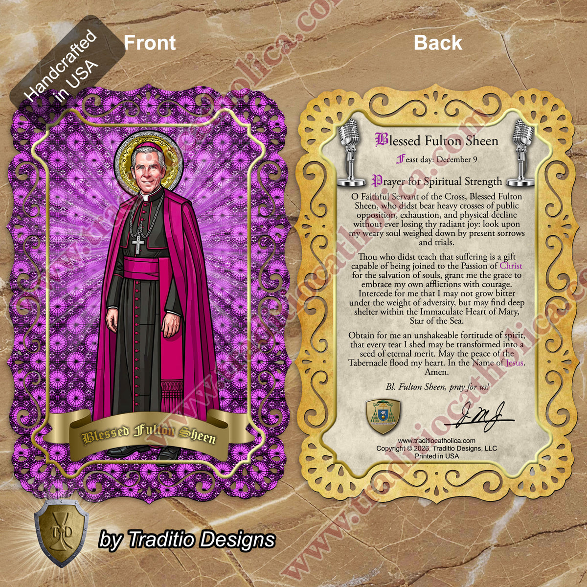 Bl. Fulton J. Sheen | Infant Health, Heart Relief & Broadcasters | Catholic holy lace card | 4x6 Stained Glass Edition