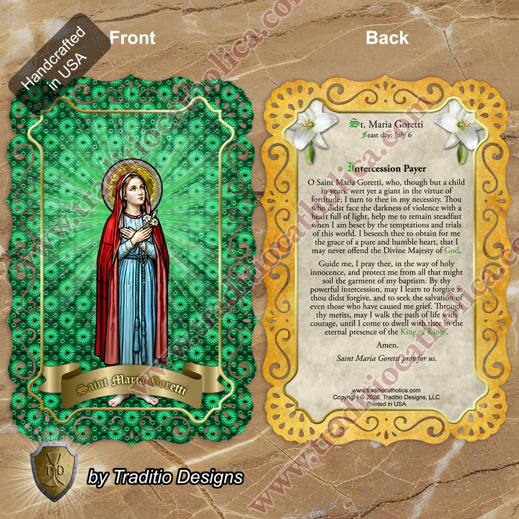 St. Maria Goretti, Patron of Crime Victims | Catholic holy lace card | 4x6 Stained Glass Edition