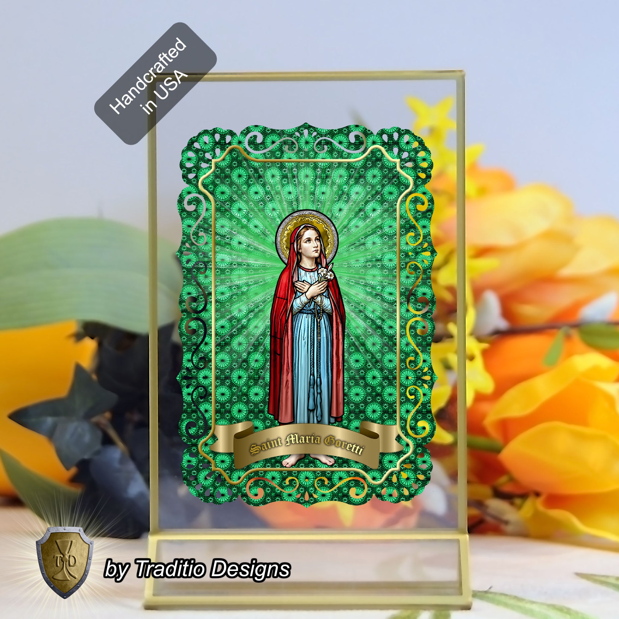 St. Maria Goretti, Patron of Crime Victims | Catholic holy lace card | 4x6 Stained Glass Edition