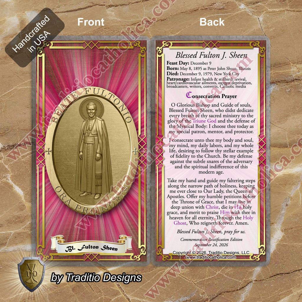 Bl. Fulton J. Sheen Prayer Card | Infant Health, Heart Relief & Broadcasters | Laminated Medal Design