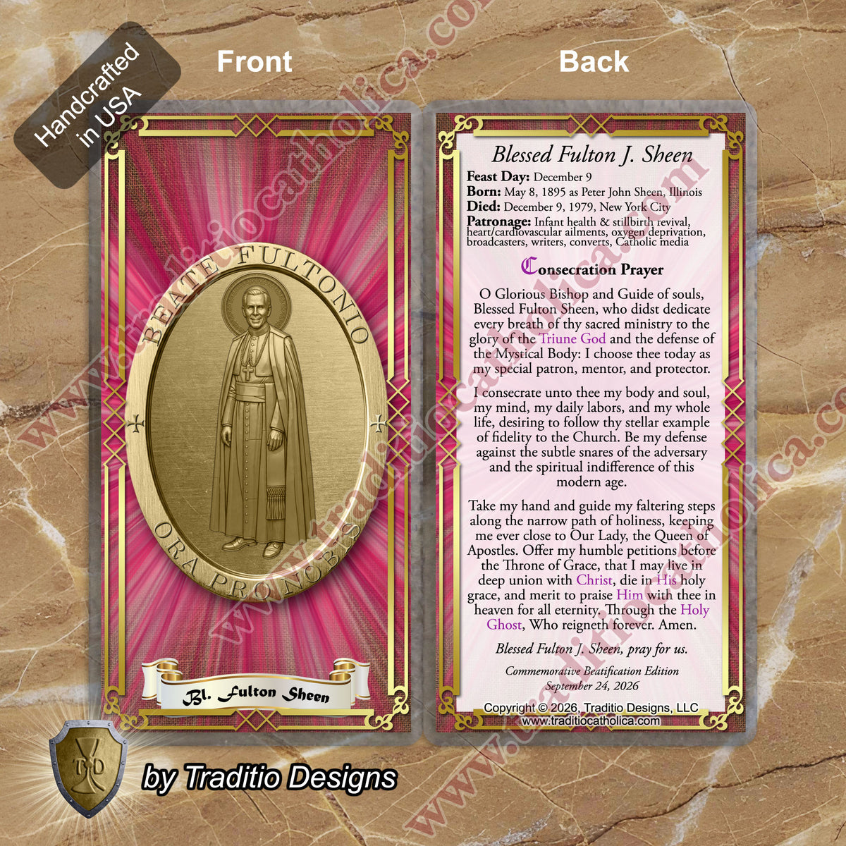 Bl. Fulton J. Sheen Prayer Card | Infant Health, Heart Relief & Broadcasters | Laminated Medal Design