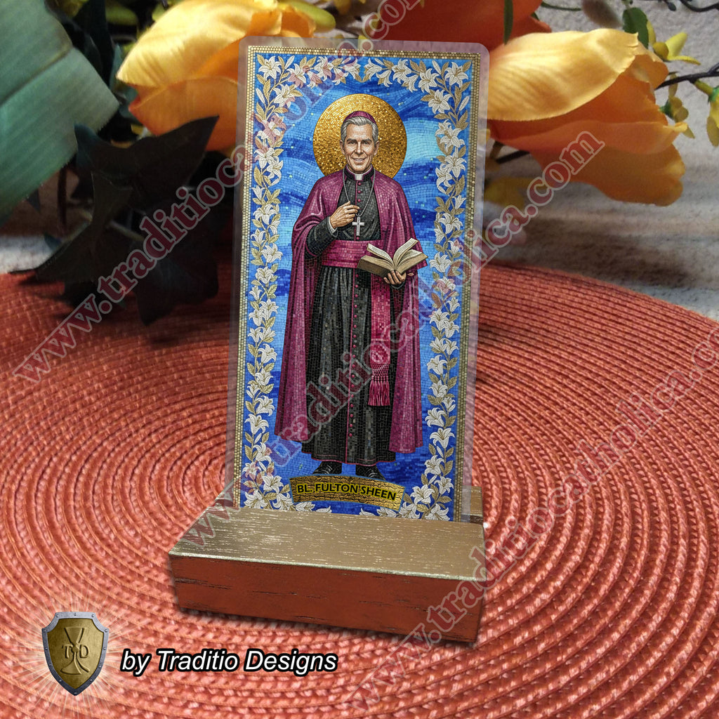 Bl. Fulton J. Sheen Prayer Card | Infant Health, Heart Relief & Broadcasters | Laminated Mosaic Design