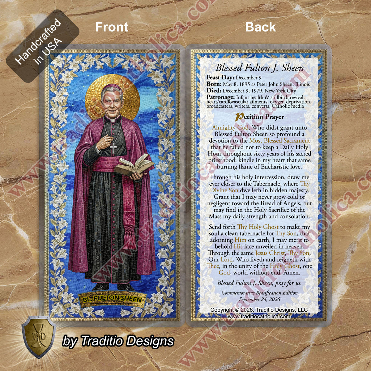 Bl. Fulton J. Sheen Prayer Card | Infant Health, Heart Relief & Broadcasters | Laminated Mosaic Design