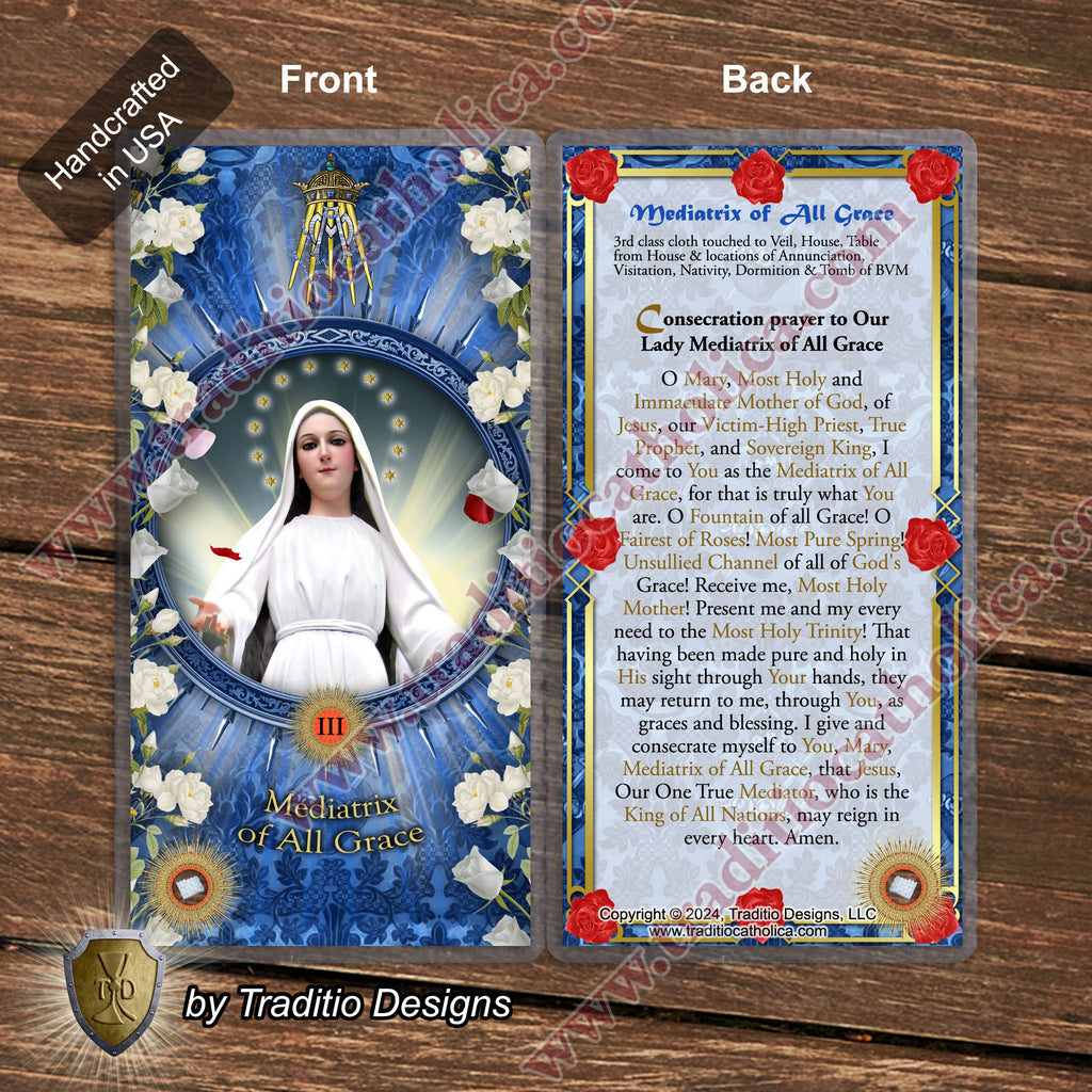 Mediatrix of All Grace Relic Anointing Oil | Touched to 9 Blessed Mother Relics | Oil or Card Set