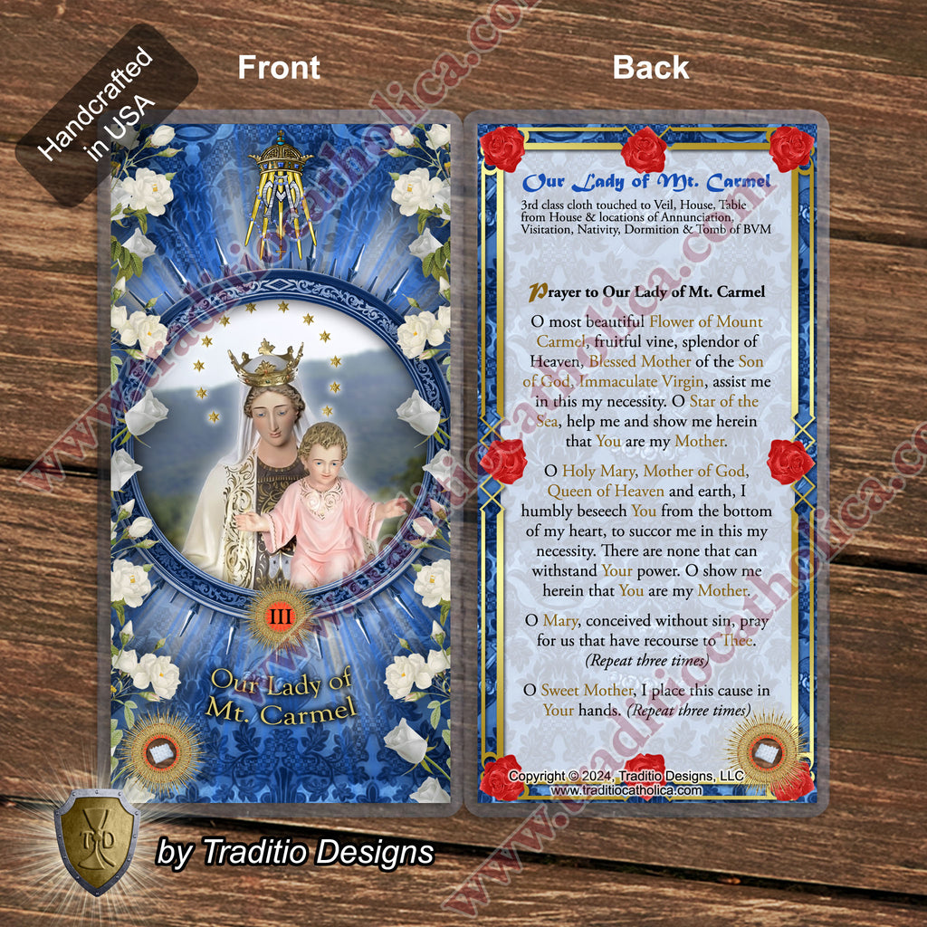 Our Lady of Mt. Carmel Relic Anointing Oil | Touched to 9 Blessed Mother Relics | Oil or Card Set