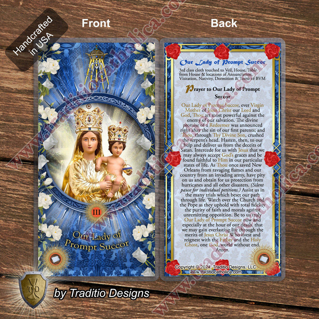 Our Lady of Prompt Succor Relic Anointing Oil | Touched to 9 Blessed Mother Relics | Oil or Card Set