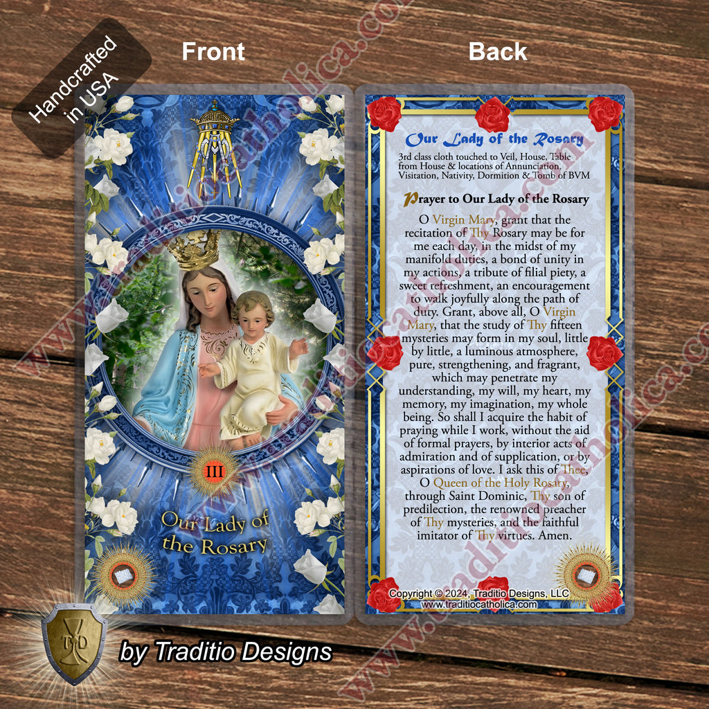 Our Lady of the Rosary Relic Anointing Oil | Touched to 9 Blessed Mother Relics | Oil or Card Set