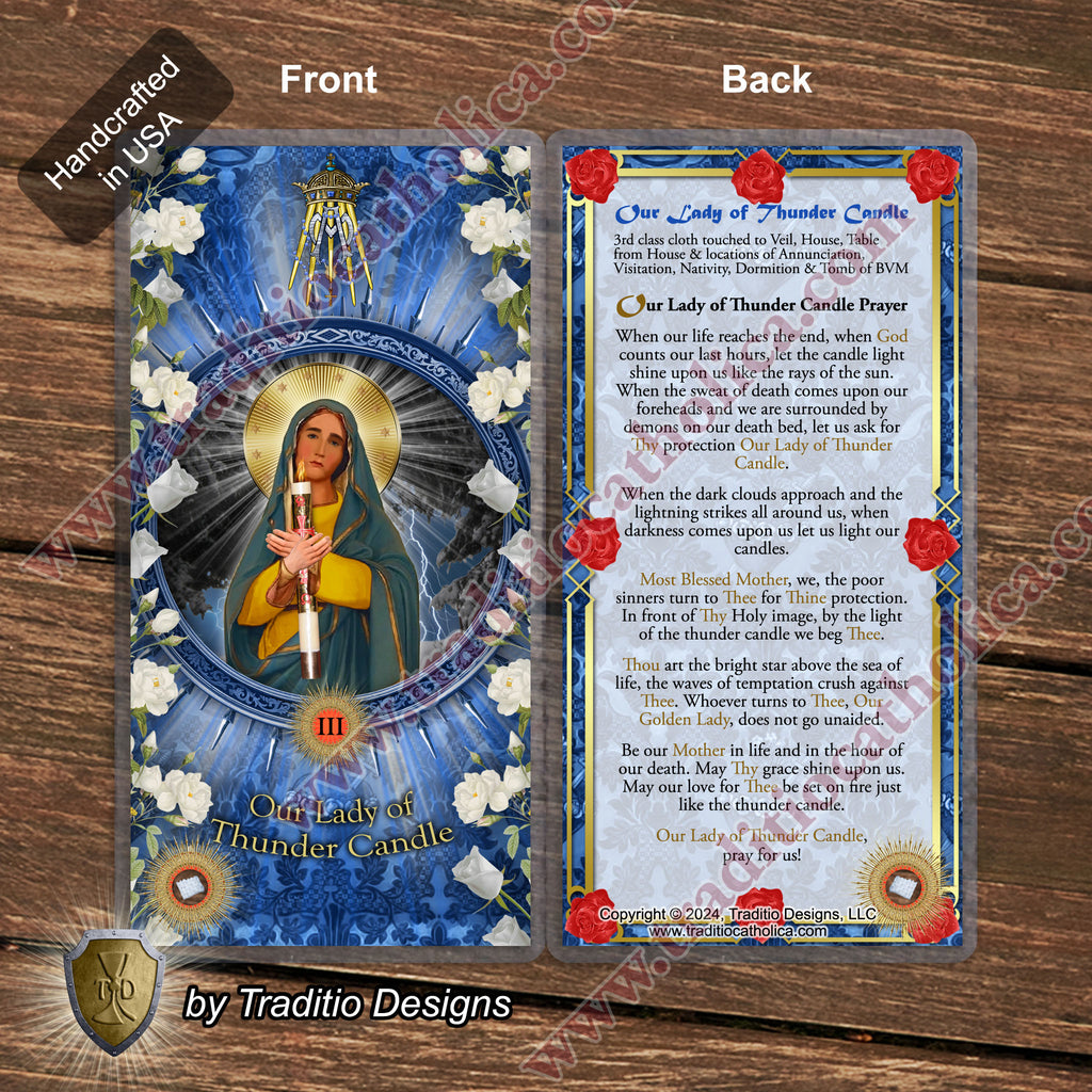 Our Lady of Thunder Candle Relic Anointing Oil | Touched to 9 Blessed Mother Relics | Oil or Card Set