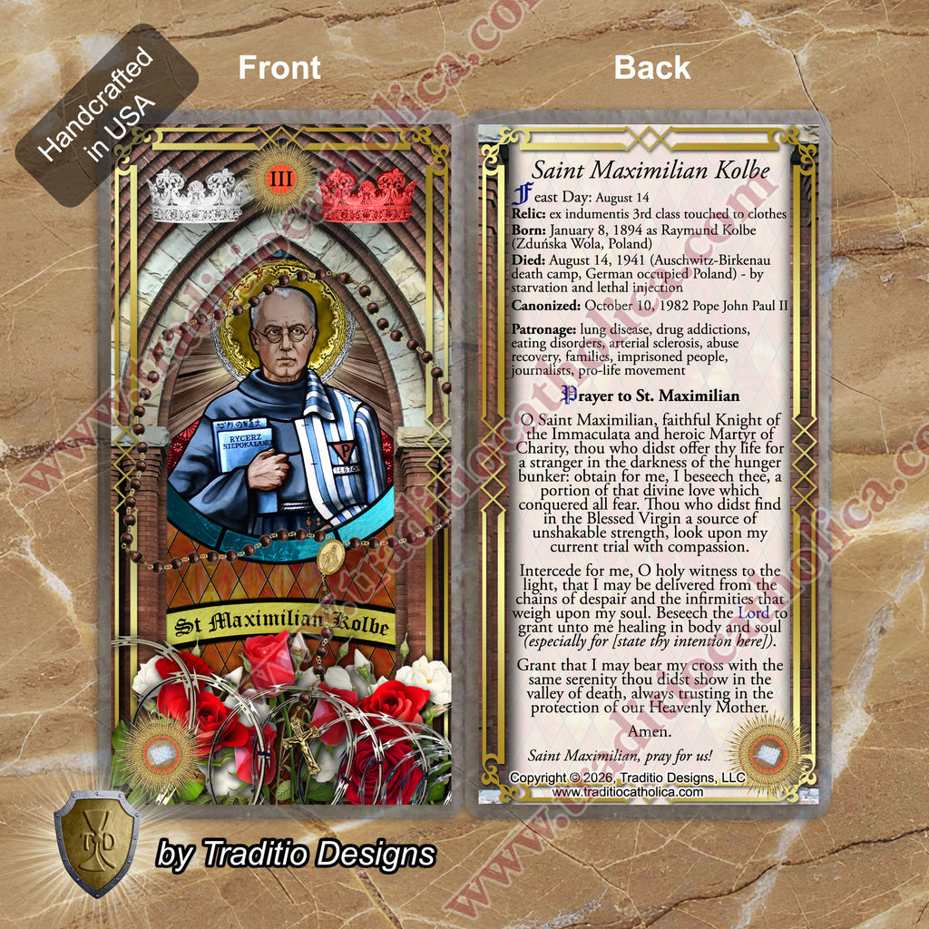 St. Maximilian Kolbe Relic Anointing Oil | Drug Addictions, Eating Disorders & Lung Disease | Oil or Card Set