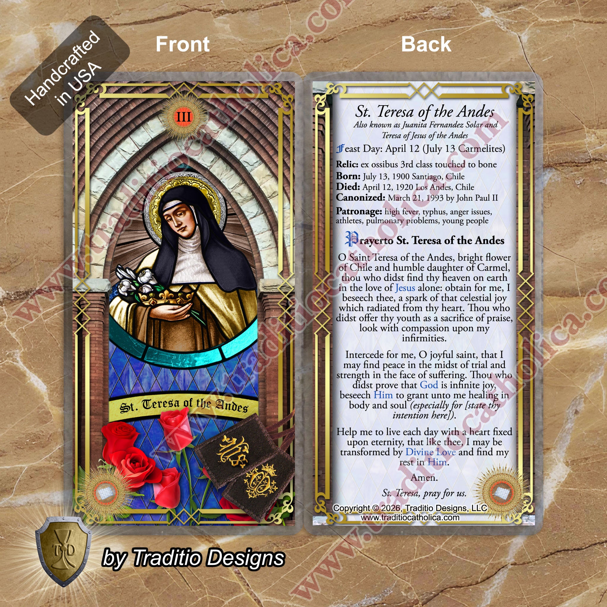 St. Teresa of the Andes Relic Anointing Oil | High Fever, Pulmonary Problems & Anger Issues | Oil or Card Set