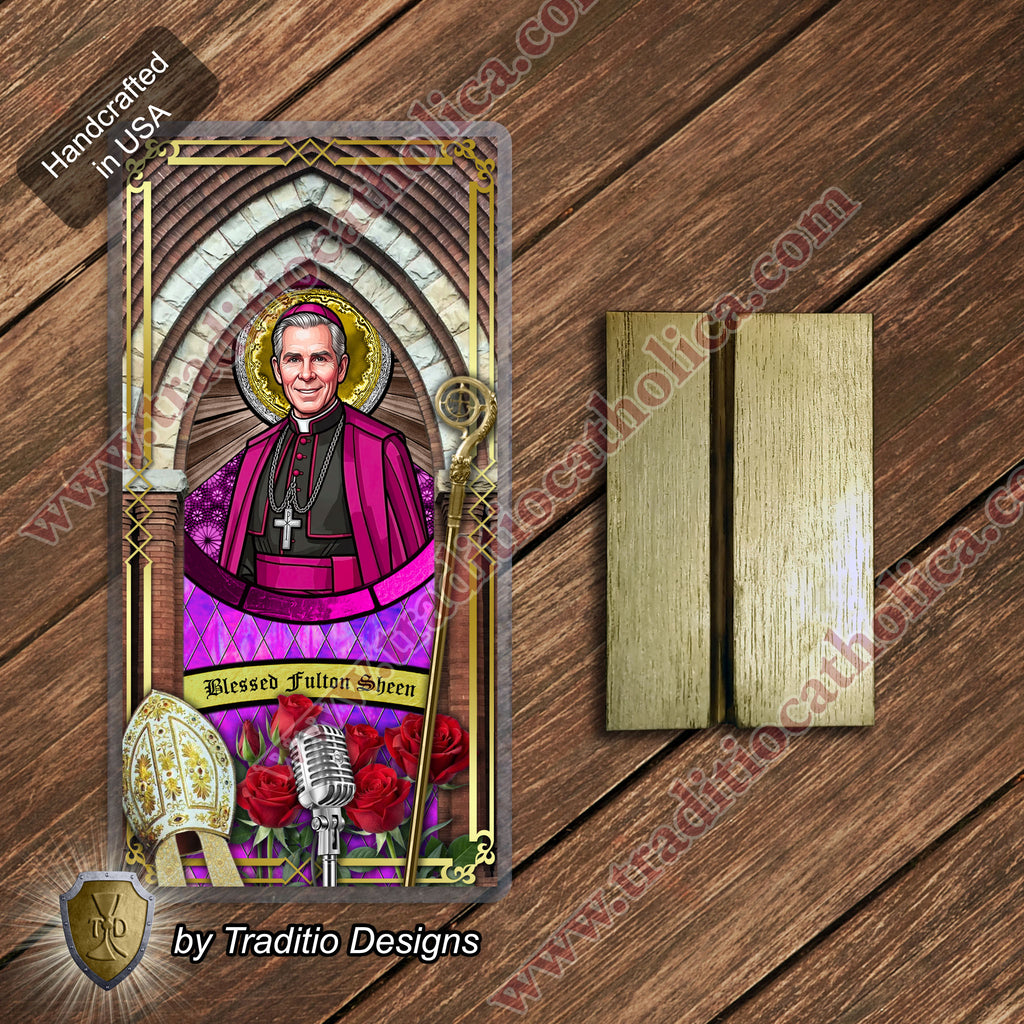Bl. Fulton J. Sheen Prayer Card | Infant Health, Heart Relief & Broadcasters | Laminated Stained Glass Design