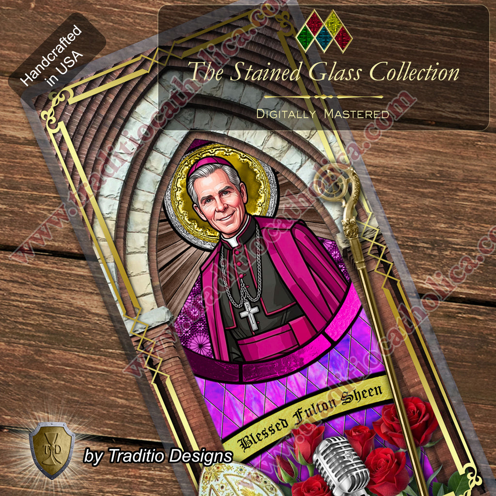 Bl. Fulton J. Sheen Prayer Card | Infant Health, Heart Relief & Broadcasters | Laminated Stained Glass Design