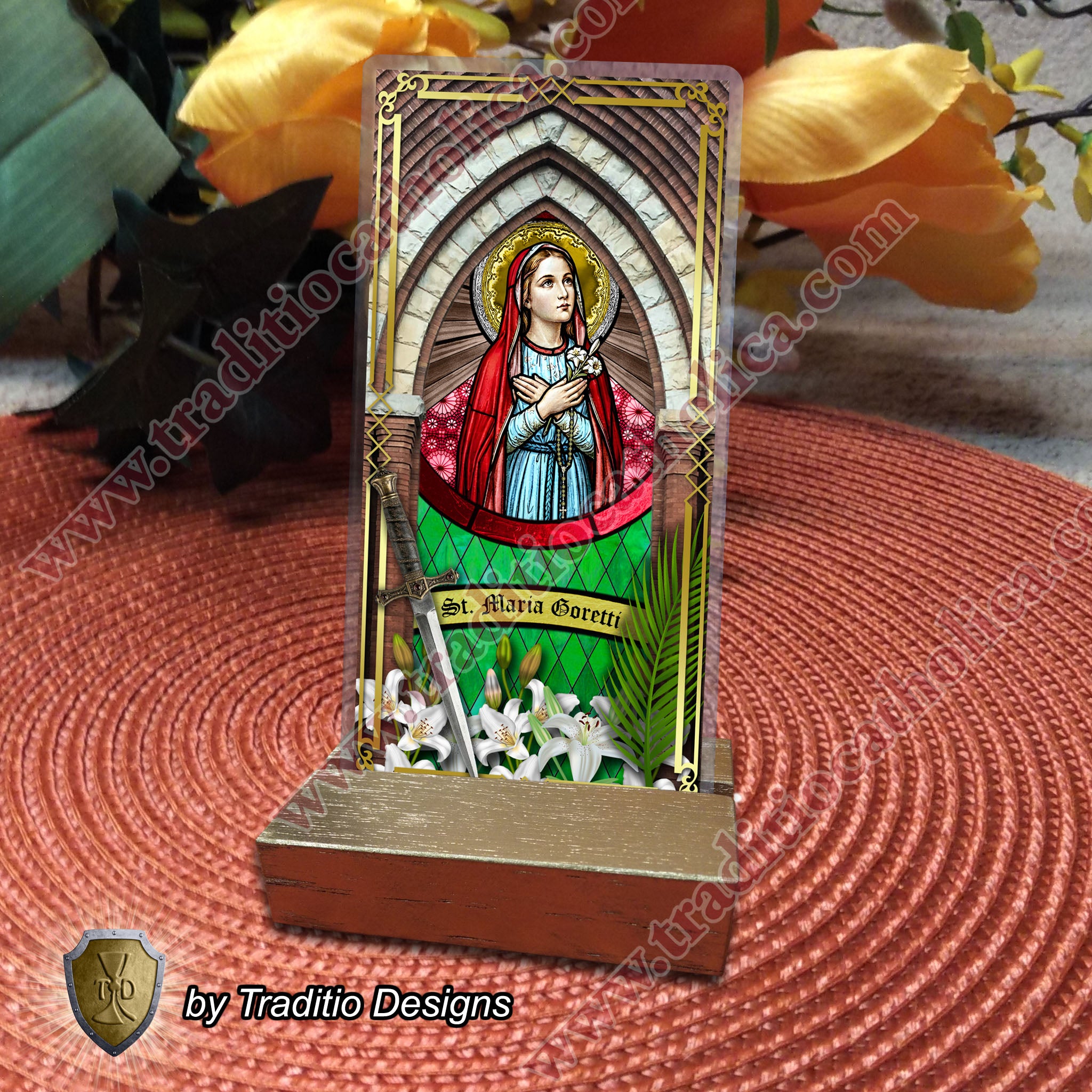 St. Maria Goretti, Patron of Crime Victims | Catholic prayer holy card | Laminated Stained Glass Design