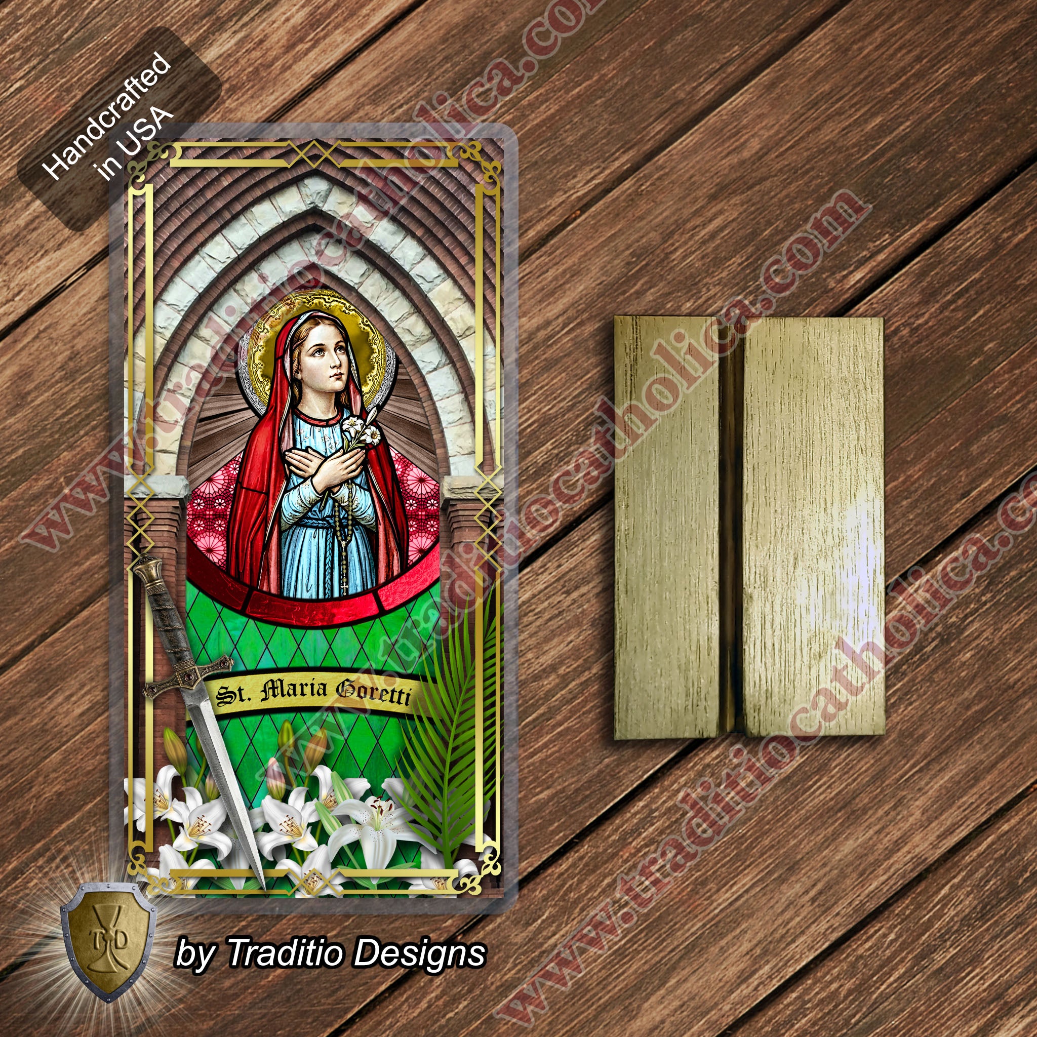 St. Maria Goretti, Patron of Crime Victims | Catholic prayer holy card | Laminated Stained Glass Design