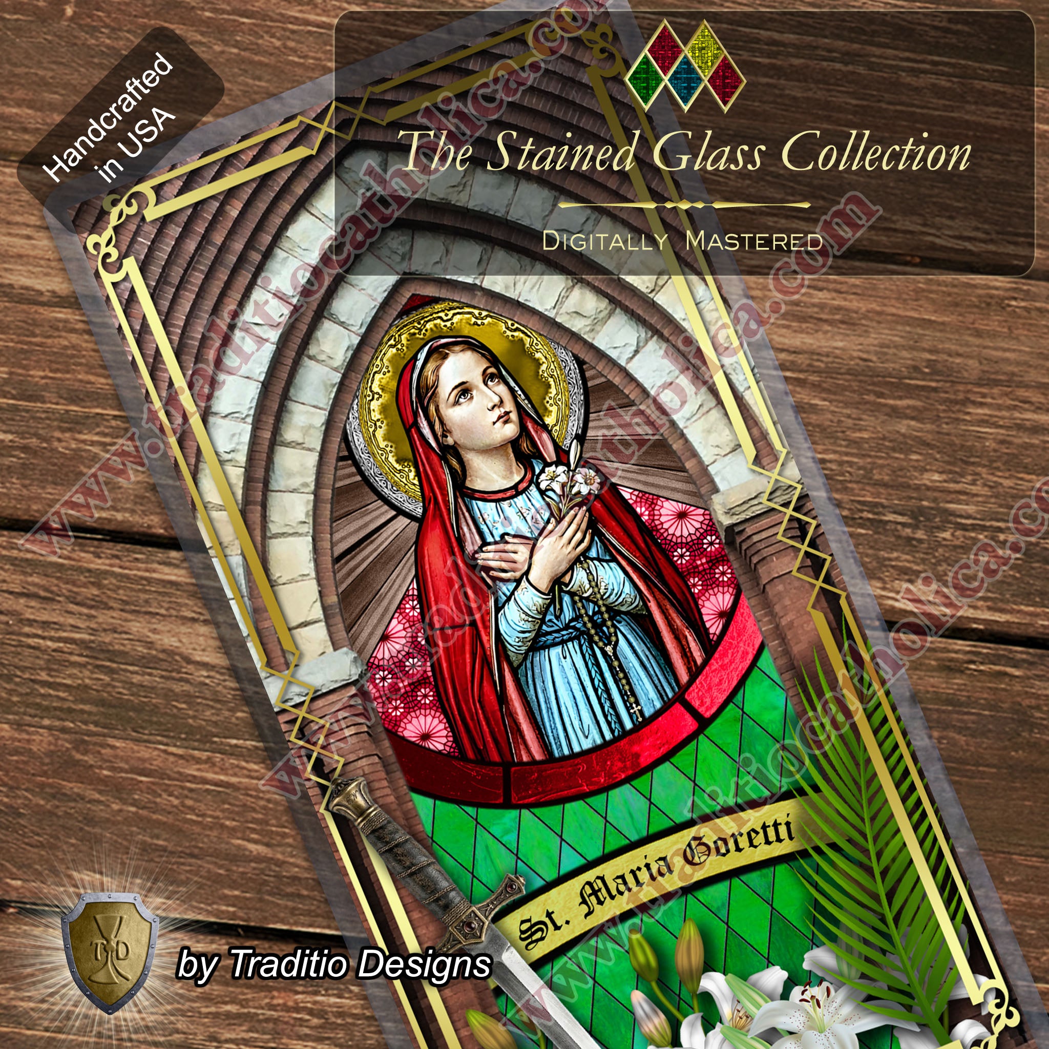 St. Maria Goretti, Patron of Crime Victims | Catholic prayer holy card | Laminated Stained Glass Design