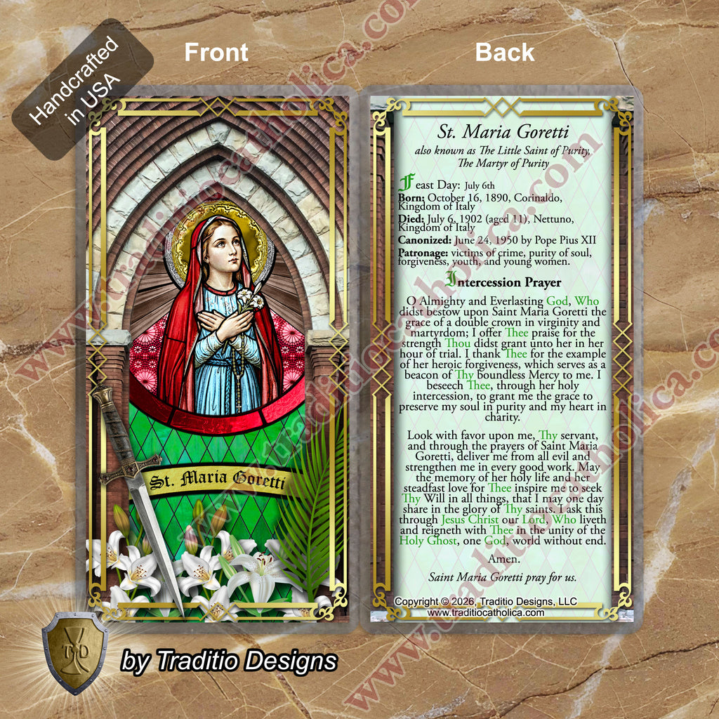 St. Maria Goretti, Patron of Crime Victims | Catholic prayer holy card | Laminated Stained Glass Design