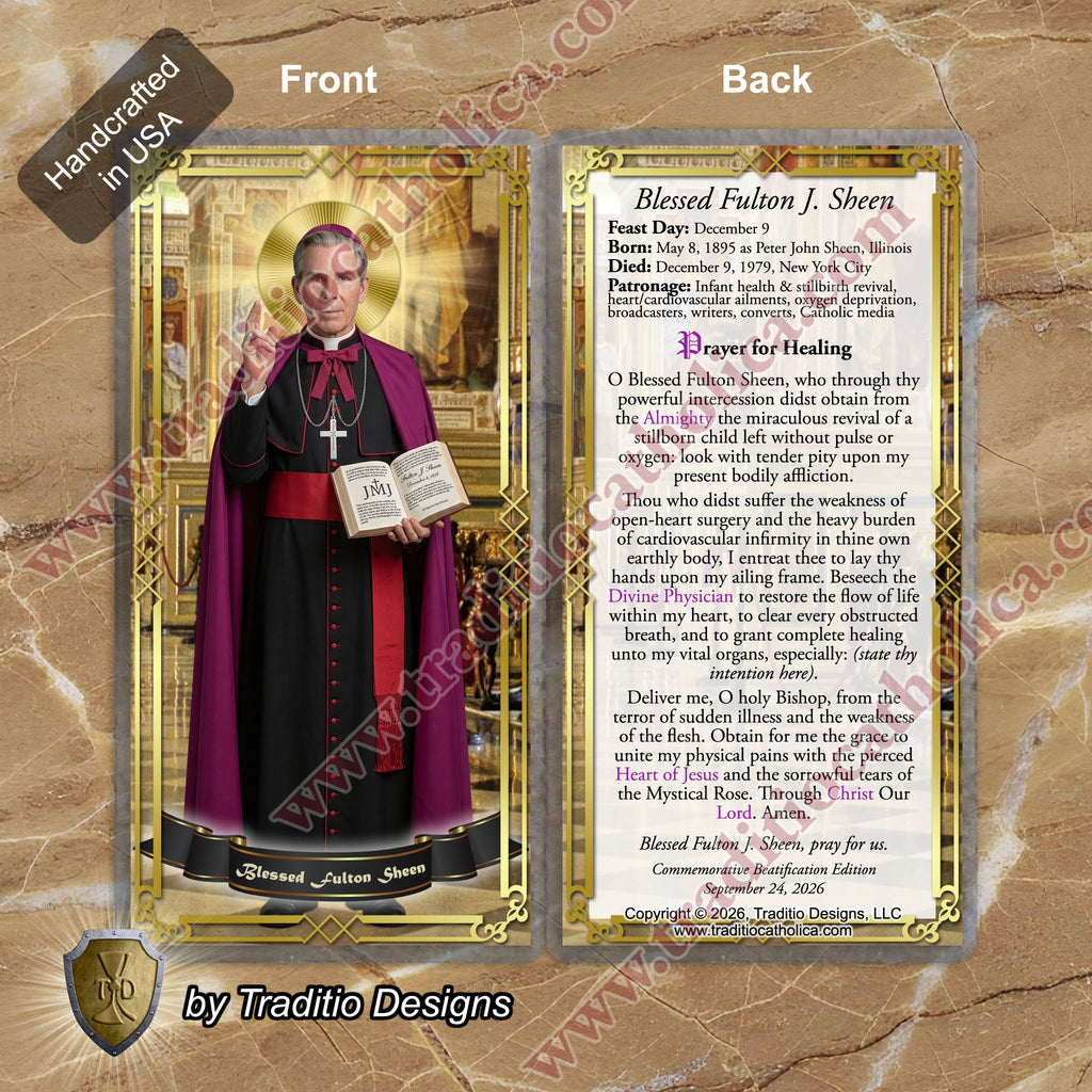 Bl. Fulton J. Sheen Prayer Card | Infant Health, Heart Relief & Broadcasters | Laminated Classical Portrait Design