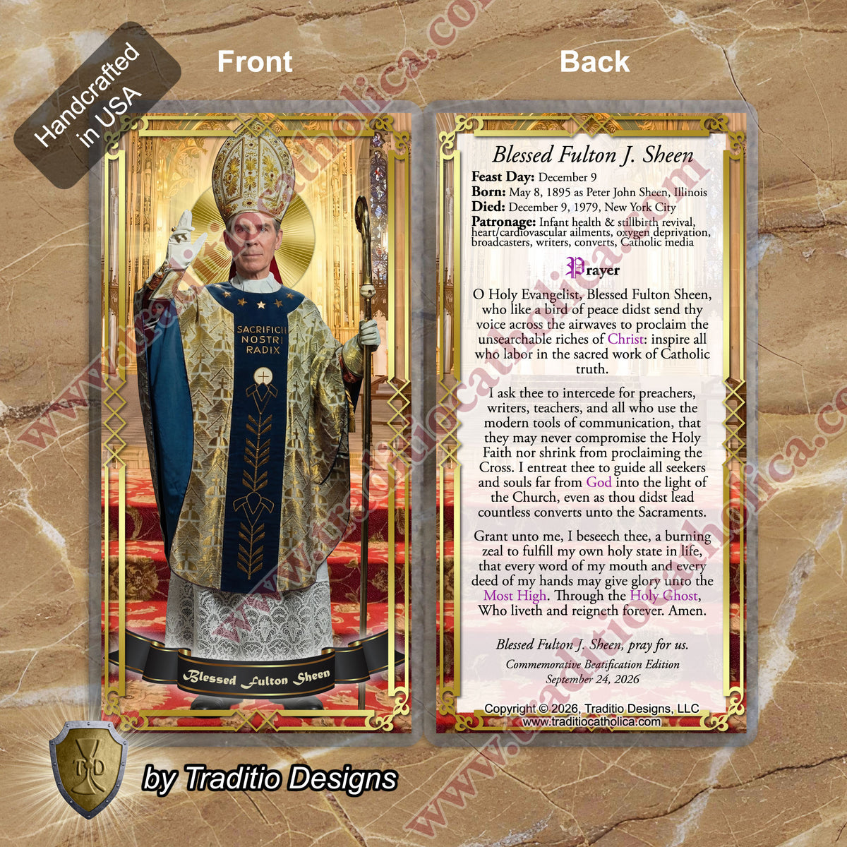 Bl. Fulton J. Sheen Prayer Card | Infant Health, Heart Relief & Broadcasters | Laminated Episcopal Portrait Design