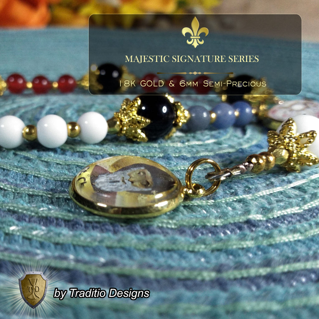 St. Charbel Majestic Limited Edition Relic Chaplet | 18K Gold Plated Eucharist Centerpiece | General Healing & Miraculous Intercession | White Alabaster, Black Onyx, Blue Aventurine & Red Jade Stones | 3rd Class Relic | Includes Instruction Prayer Card