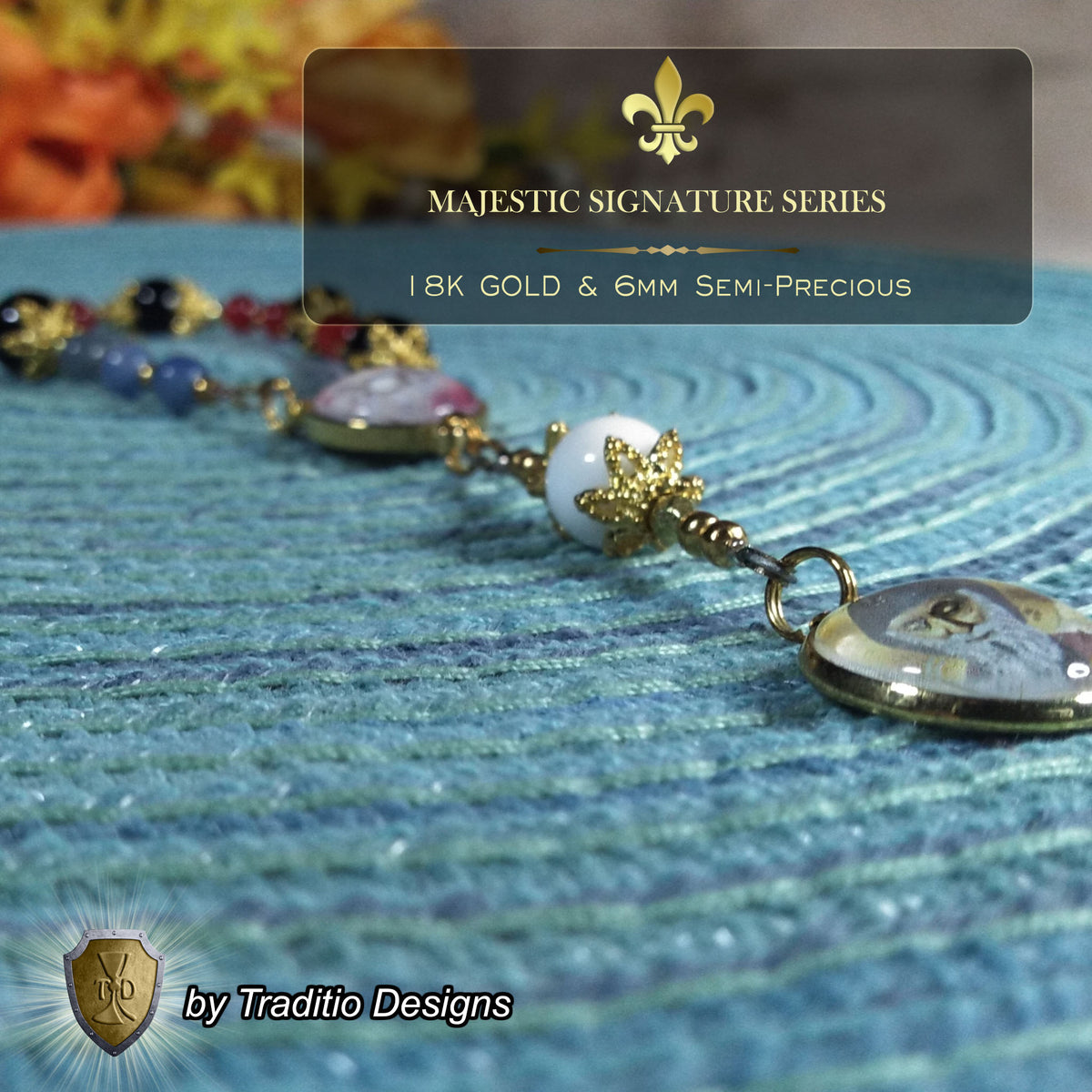 St. Charbel Majestic Limited Edition Relic Chaplet | 18K Gold Plated Eucharist Centerpiece | General Healing & Miraculous Intercession | White Alabaster, Black Onyx, Blue Aventurine & Red Jade Stones | 3rd Class Relic | Includes Instruction Prayer Card