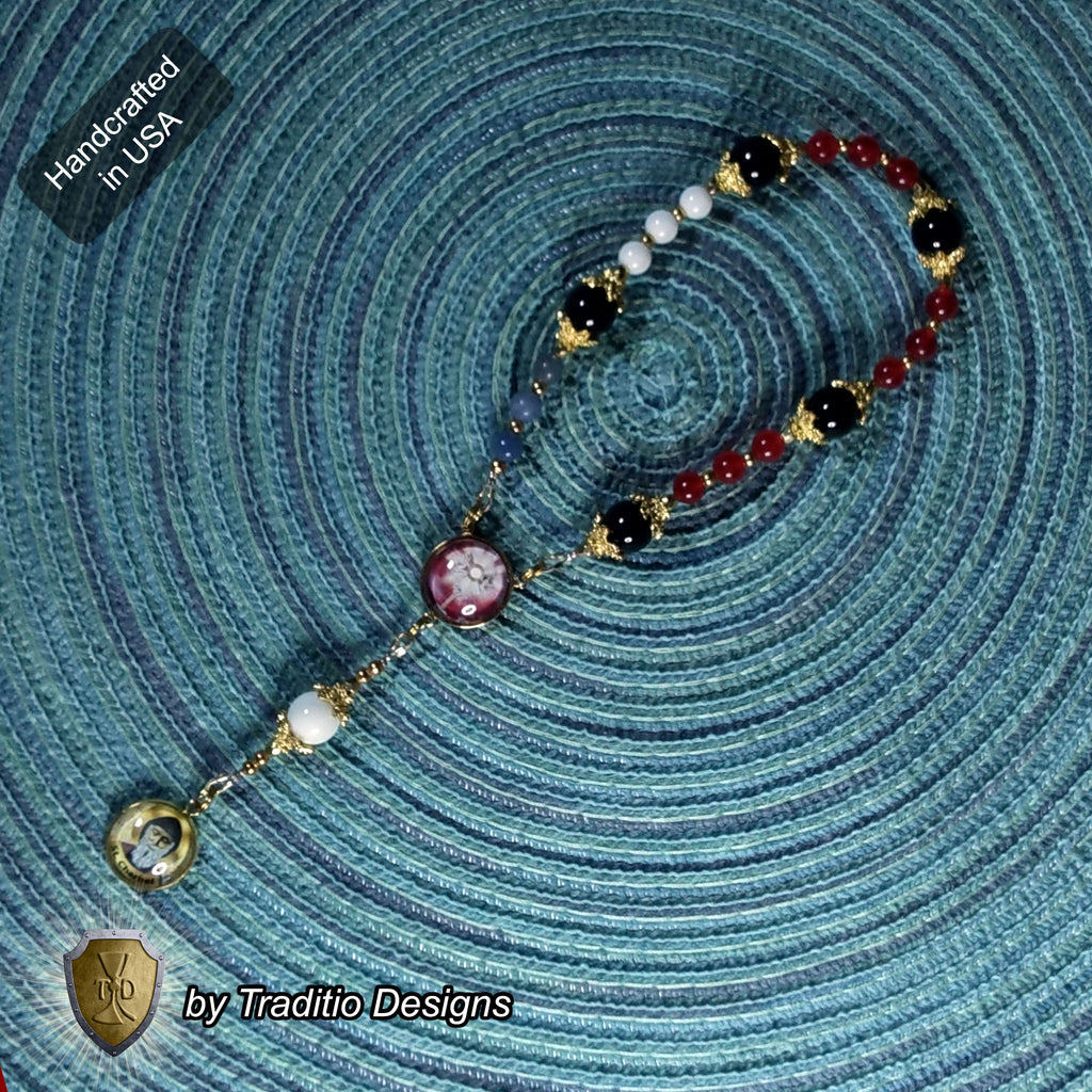 St. Charbel Majestic Limited Edition Relic Chaplet | 18K Gold Plated Eucharist Centerpiece | General Healing & Miraculous Intercession | White Alabaster, Black Onyx, Blue Aventurine & Red Jade Stones | 3rd Class Relic | Includes Instruction Prayer Card