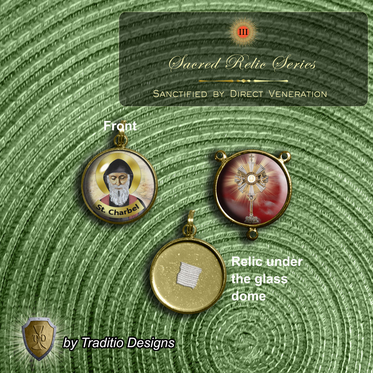 St. Charbel Majestic Limited Edition Relic Chaplet | 18K Gold Plated Eucharist Centerpiece | General Healing & Miraculous Intercession | White Alabaster, Black Onyx, Blue Aventurine & Red Jade Stones | 3rd Class Relic | Includes Instruction Prayer Card