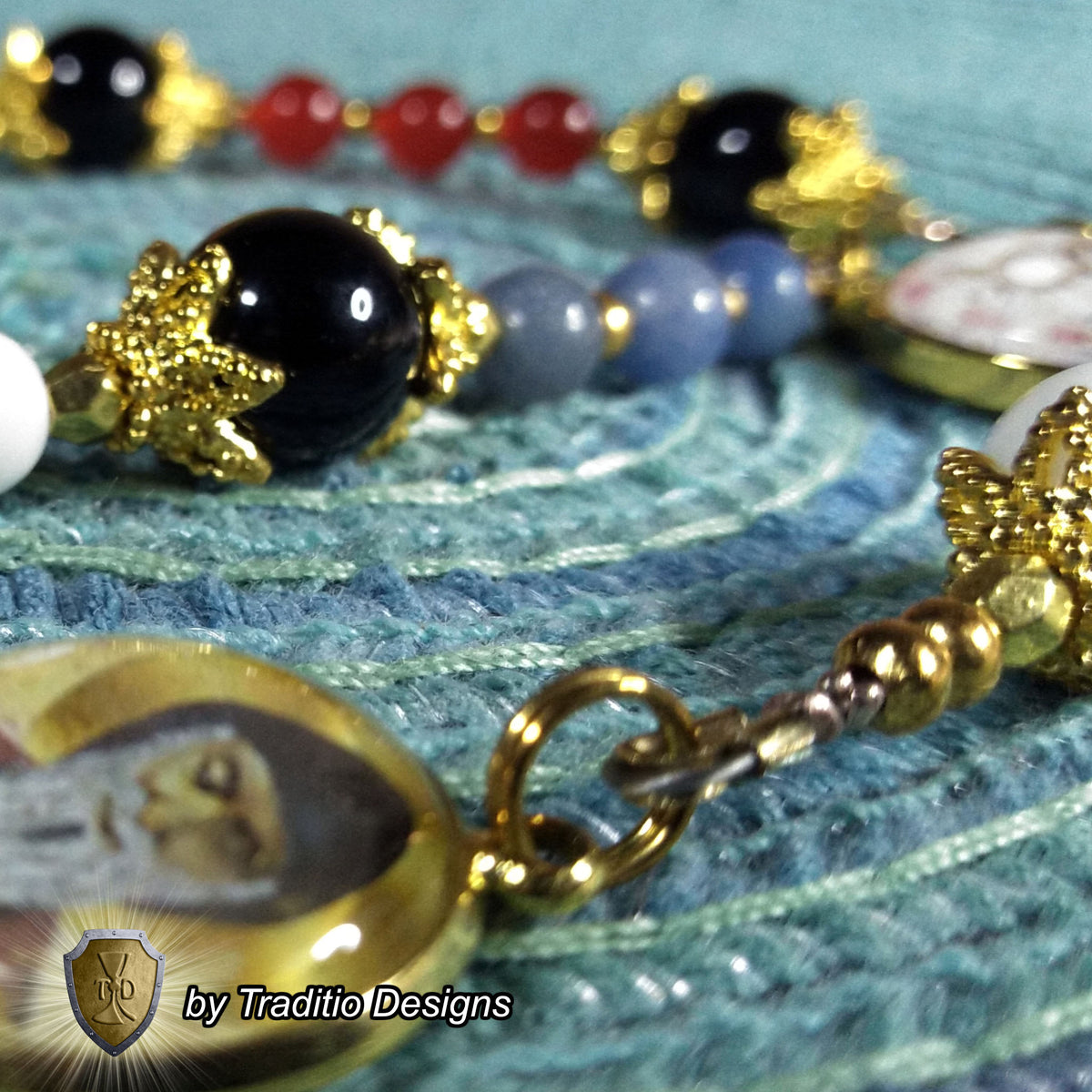 St. Charbel Majestic Limited Edition Relic Chaplet | 18K Gold Plated Eucharist Centerpiece | General Healing & Miraculous Intercession | White Alabaster, Black Onyx, Blue Aventurine & Red Jade Stones | 3rd Class Relic | Includes Instruction Prayer Card