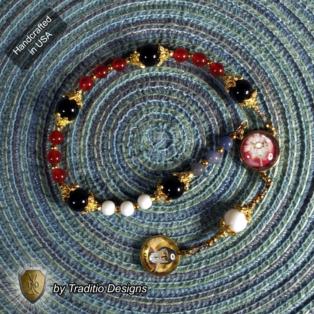St. Charbel Majestic Limited Edition Relic Chaplet | 18K Gold Plated Eucharist Centerpiece | General Healing & Miraculous Intercession | White Alabaster, Black Onyx, Blue Aventurine & Red Jade Stones | 3rd Class Relic | Includes Instruction Prayer Card