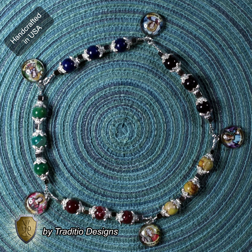 Circle of Angels Royal Limited Edition Precious Chaplet | 5 Angel Medals & Natural Gemstones | Guardian Angel, St. Michael, St. Gabriel, St. Raphael, St. Uriel | Includes Instruction Prayer Card