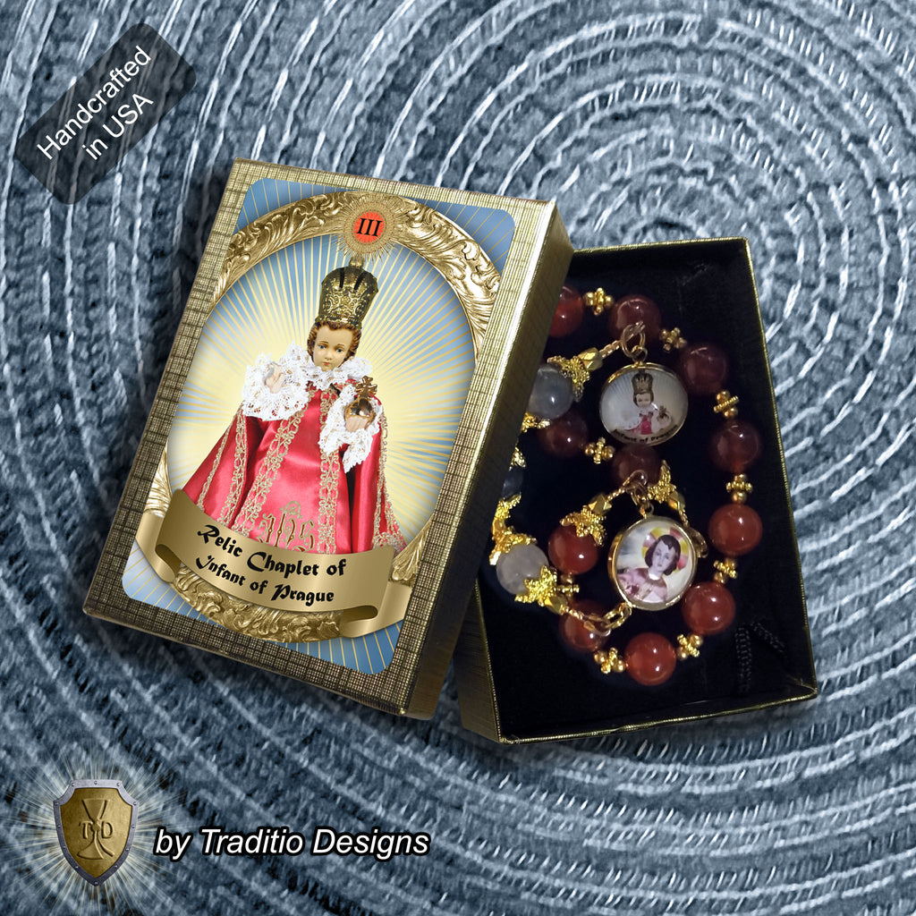 Infant of Prague Royal Limited Edition Relic Chaplet | 18K Gold Plated Eucharist Centerpiece | Carnelian & Cloudy Gray Quartz Stones | 3rd Class Relic of Christ | Includes Instruction Prayer Card