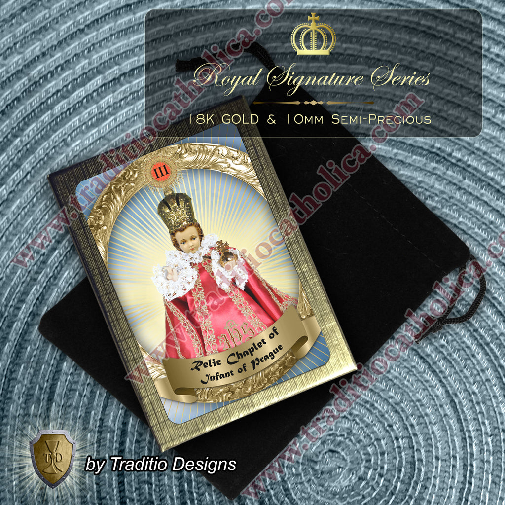 Infant of Prague Royal Limited Edition Relic Chaplet | 18K Gold Plated Eucharist Centerpiece | Carnelian & Cloudy Gray Quartz Stones | 3rd Class Relic of Christ | Includes Instruction Prayer Card