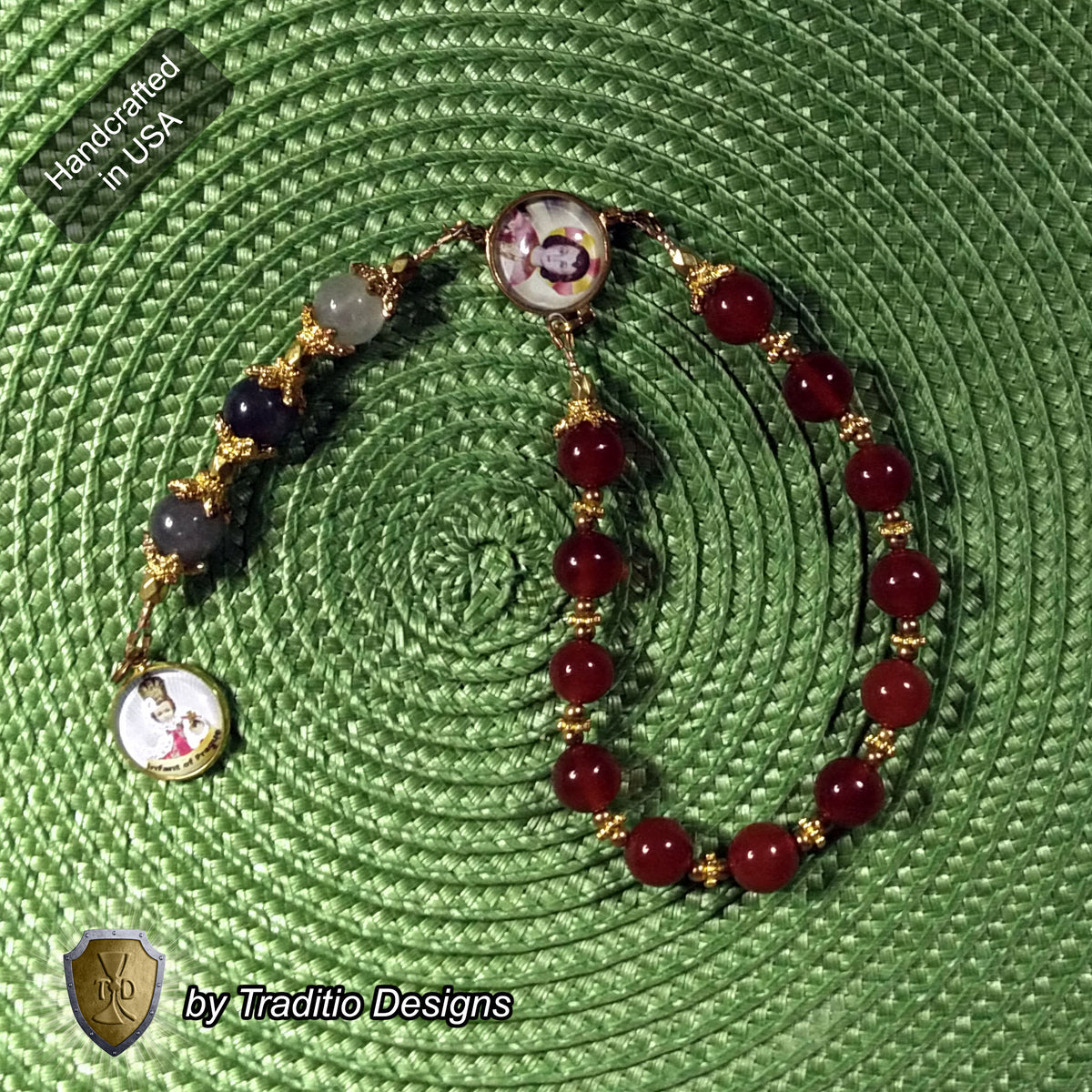 Infant of Prague Royal Limited Edition Relic Chaplet | 18K Gold Plated Eucharist Centerpiece | Carnelian & Cloudy Gray Quartz Stones | 3rd Class Relic of Christ | Includes Instruction Prayer Card