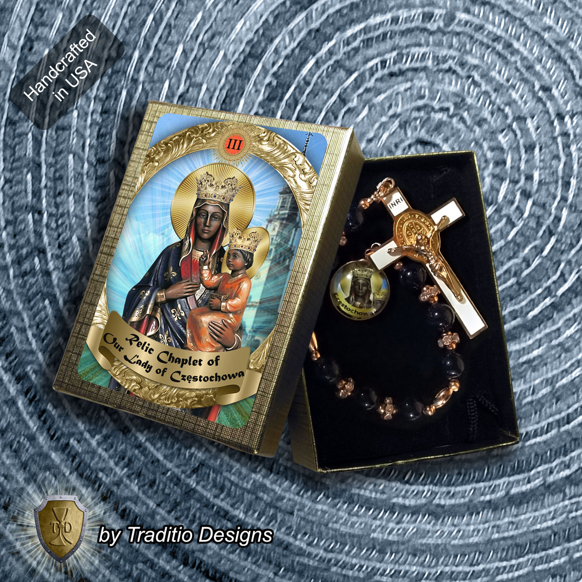 Our Lady of Czestochowa Limited Edition Royal Relic Chaplet | 18K Rose Gold Plated Crucifix | Deep Blue Sandstone | 3rd Class Relic | Includes Instruction Prayer Card