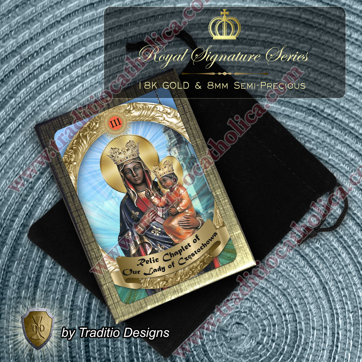 Our Lady of Czestochowa Limited Edition Royal Relic Chaplet | 18K Rose Gold Plated Crucifix | Deep Blue Sandstone | 3rd Class Relic | Includes Instruction Prayer Card