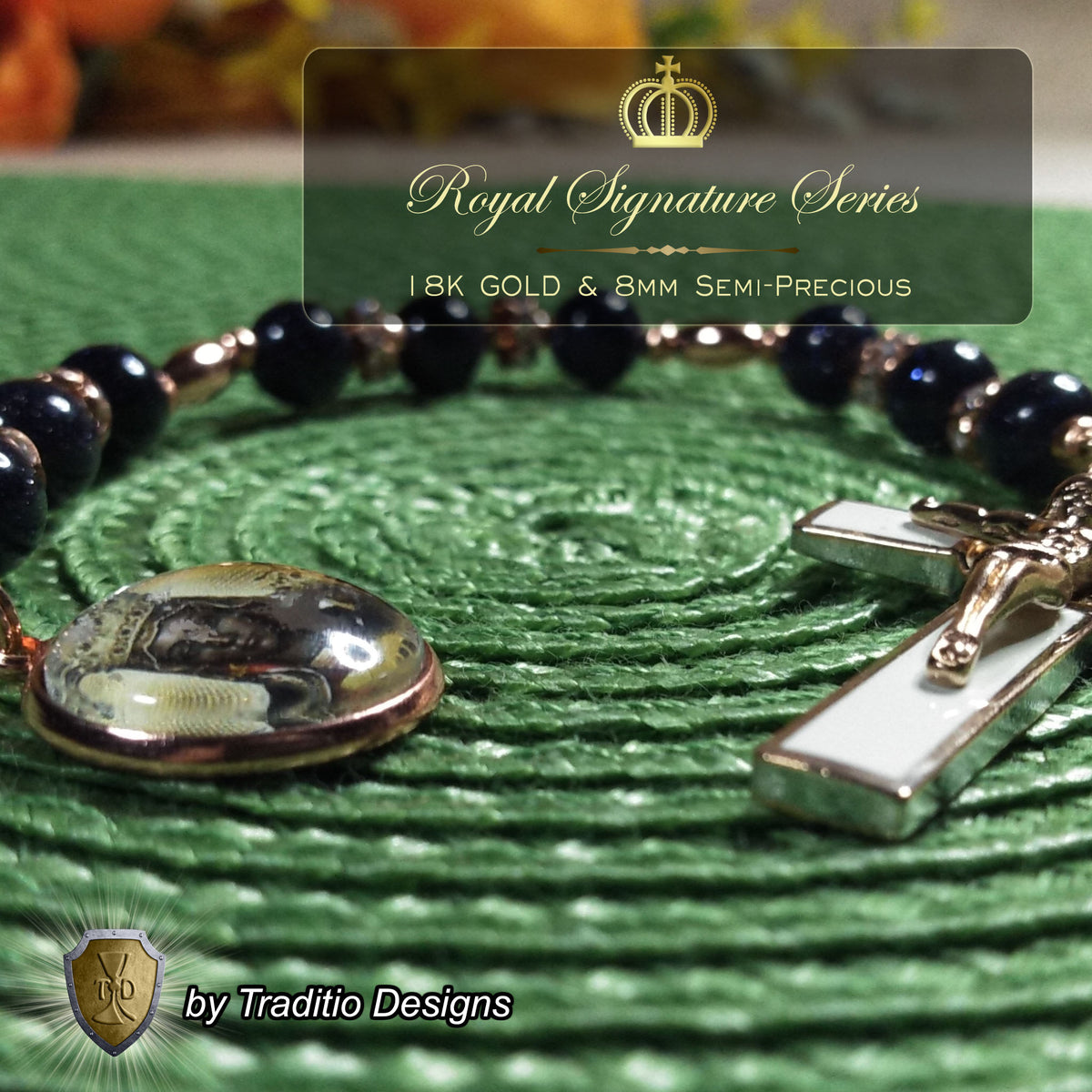 Our Lady of Czestochowa Limited Edition Royal Relic Chaplet | 18K Rose Gold Plated Crucifix | Deep Blue Sandstone | 3rd Class Relic | Includes Instruction Prayer Card
