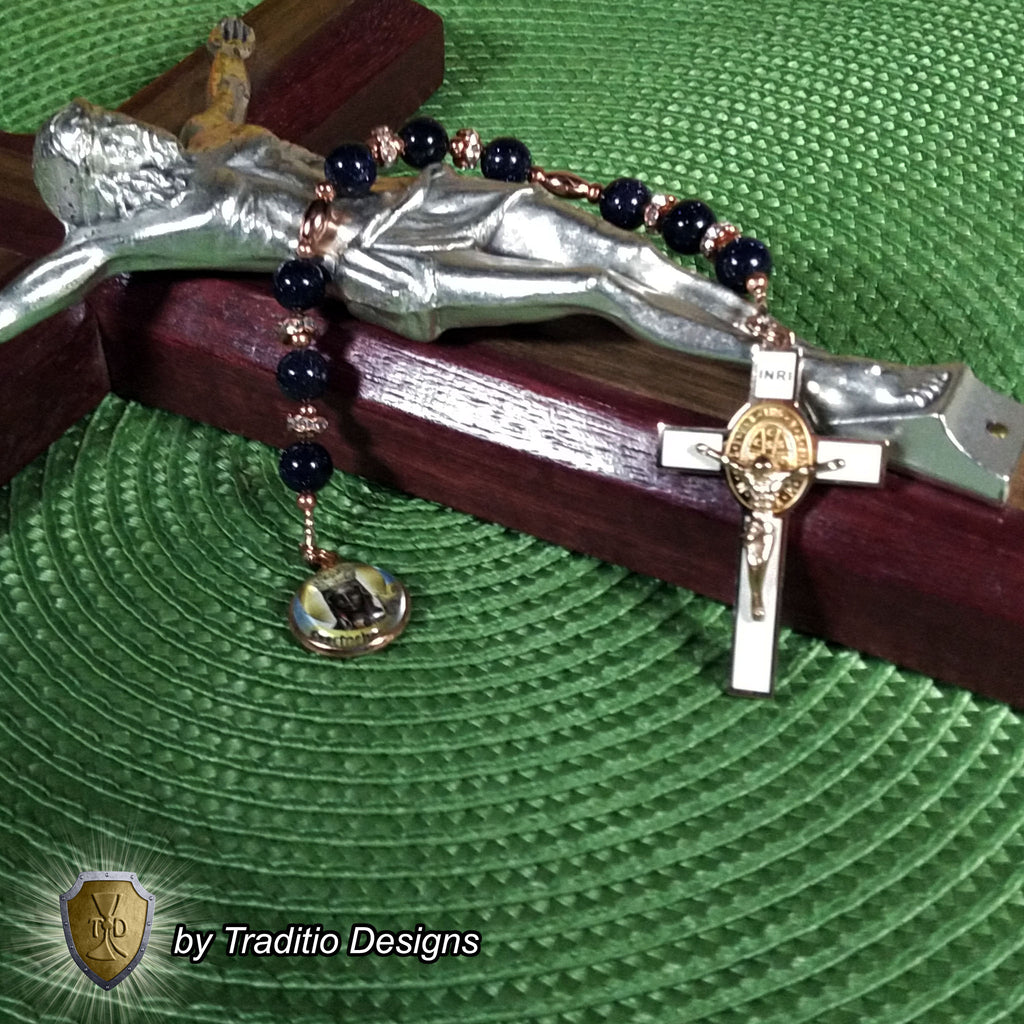 Our Lady of Czestochowa Limited Edition Royal Relic Chaplet | 18K Rose Gold Plated Crucifix | Deep Blue Sandstone | 3rd Class Relic | Includes Instruction Prayer Card