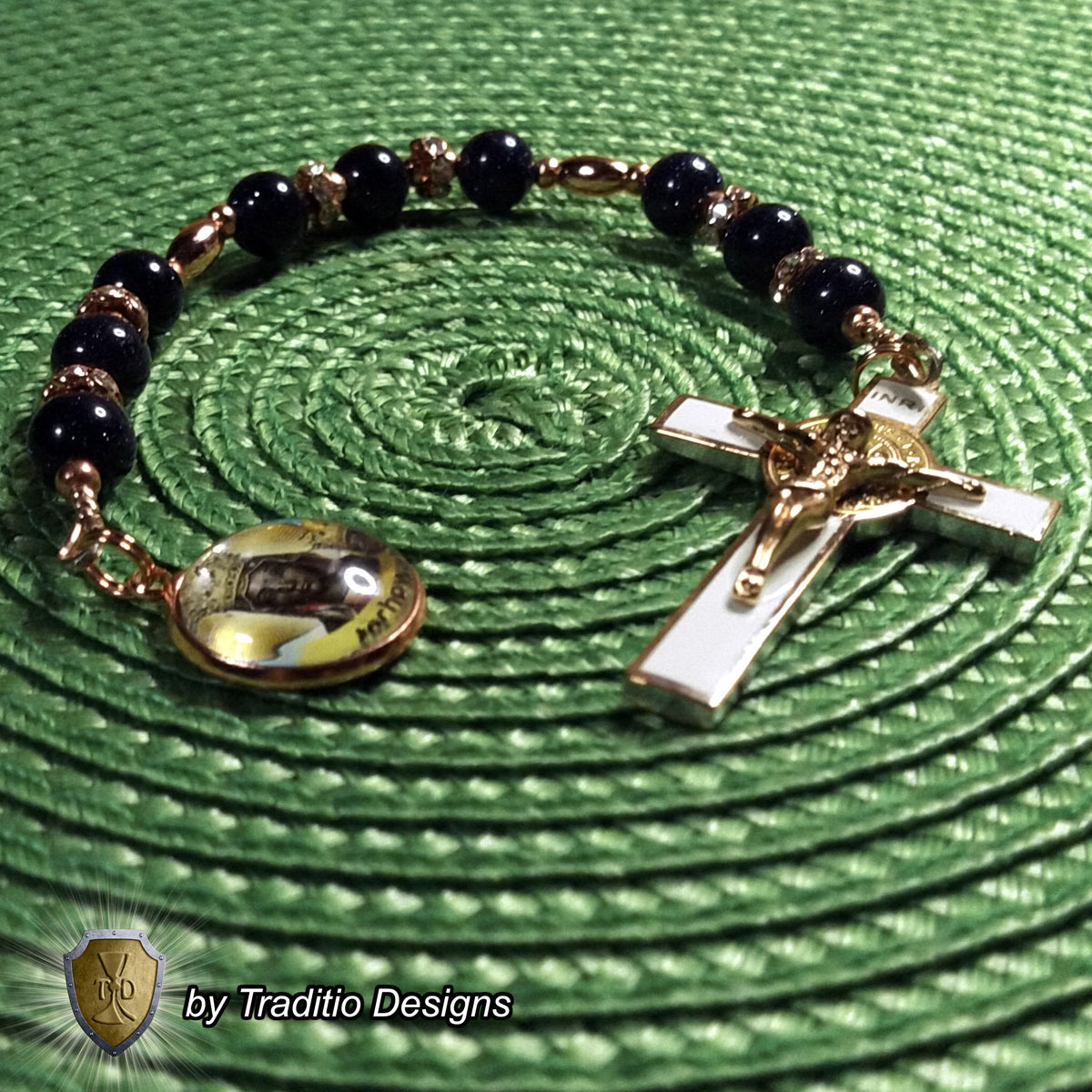 Our Lady of Czestochowa Limited Edition Royal Relic Chaplet | 18K Rose Gold Plated Crucifix | Deep Blue Sandstone | 3rd Class Relic | Includes Instruction Prayer Card