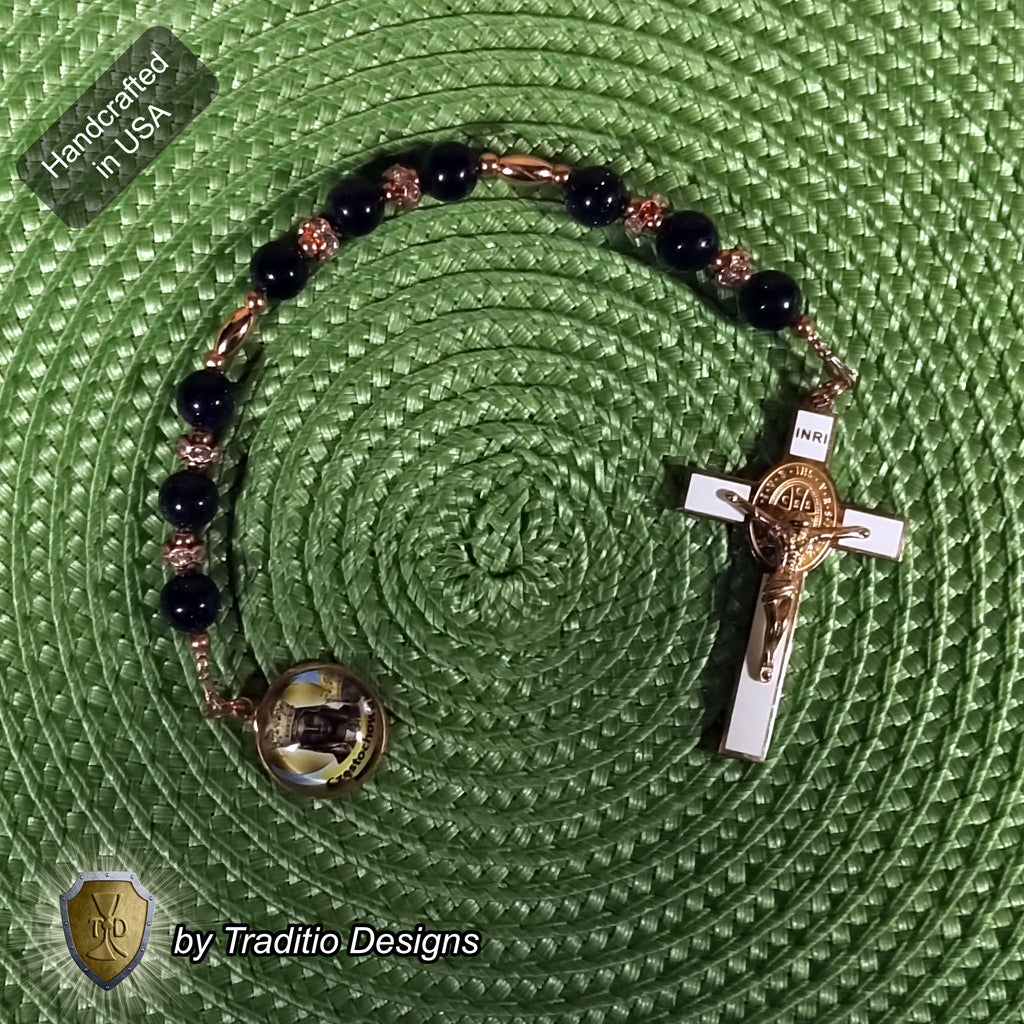Our Lady of Czestochowa Limited Edition Royal Relic Chaplet | 18K Rose Gold Plated Crucifix | Deep Blue Sandstone | 3rd Class Relic | Includes Instruction Prayer Card