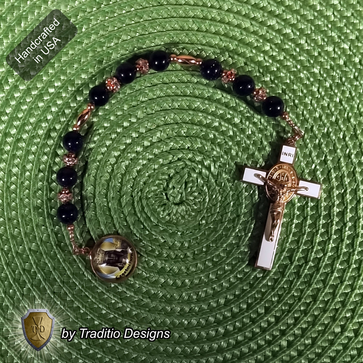 Our Lady of Czestochowa Limited Edition Royal Relic Chaplet | 18K Rose Gold Plated Crucifix | Deep Blue Sandstone | 3rd Class Relic | Includes Instruction Prayer Card