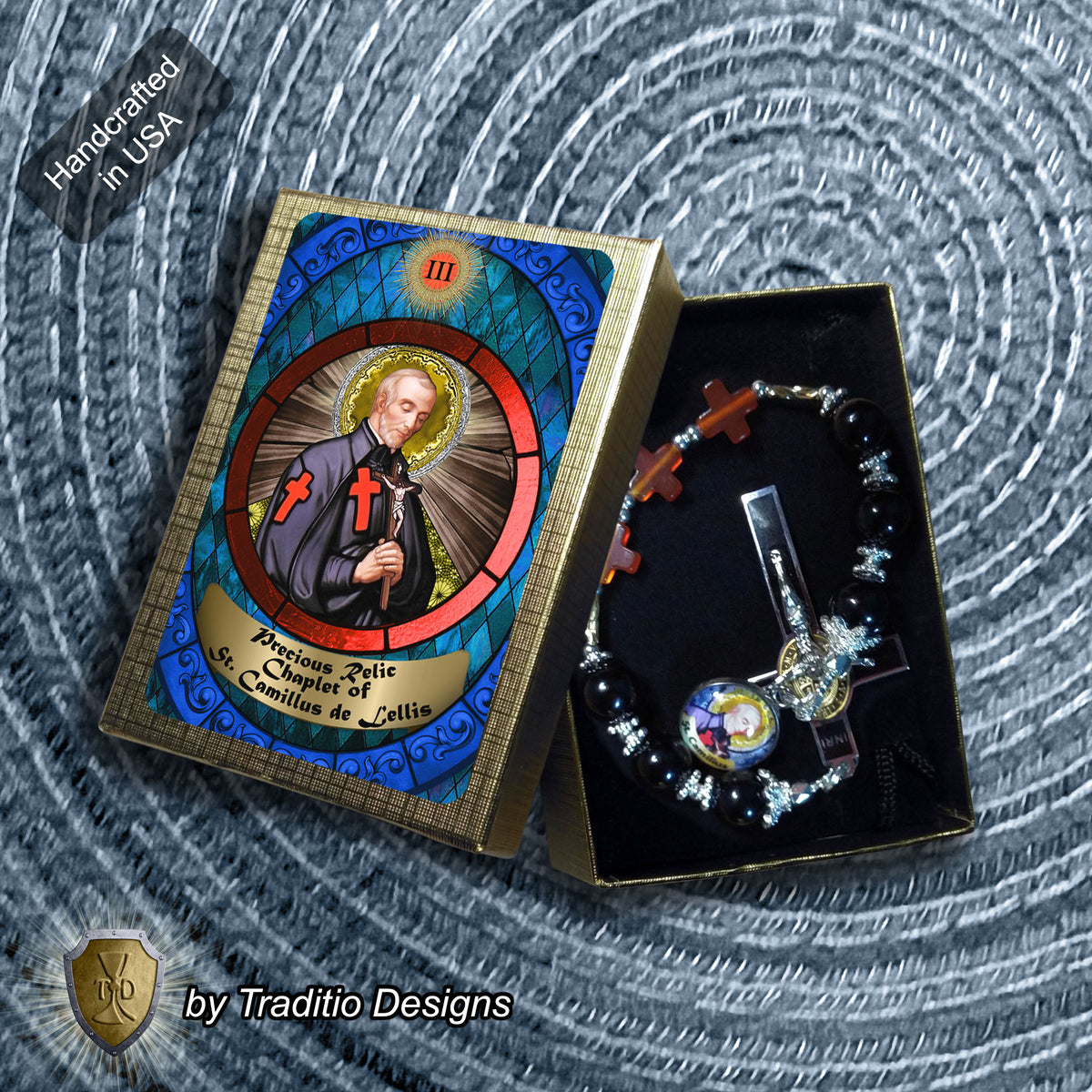 St. Camillus de Lellis Royal Limited Edition Relic Chaplet | 18K Gold Plated Crucifix | Healing of Sickness & Leg Injuries | Black Onyx & Carnelian Stones | 3rd Class Relic | Includes Instruction Prayer Card
