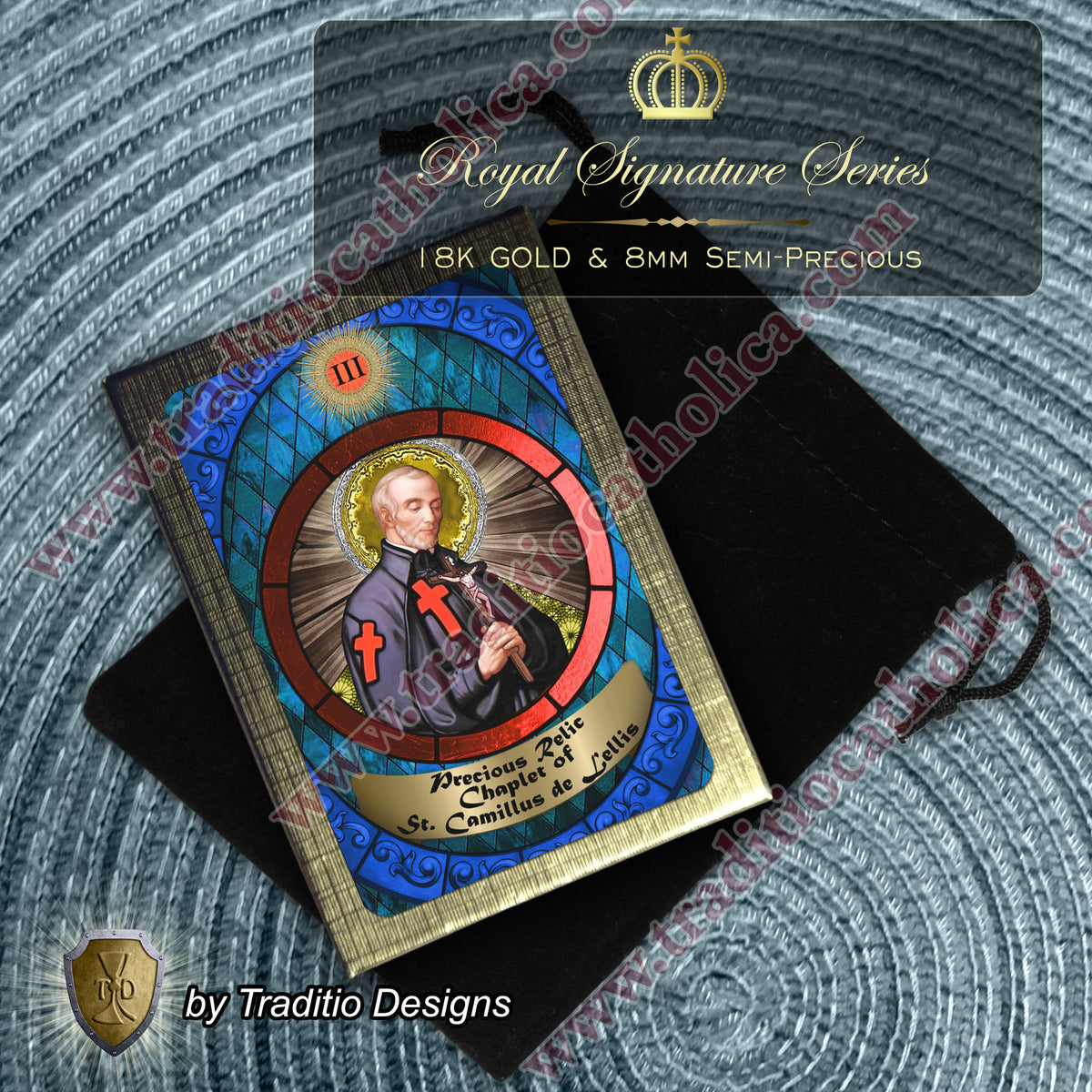 St. Camillus de Lellis Royal Limited Edition Relic Chaplet | 18K Gold Plated Crucifix | Healing of Sickness & Leg Injuries | Black Onyx & Carnelian Stones | 3rd Class Relic | Includes Instruction Prayer Card