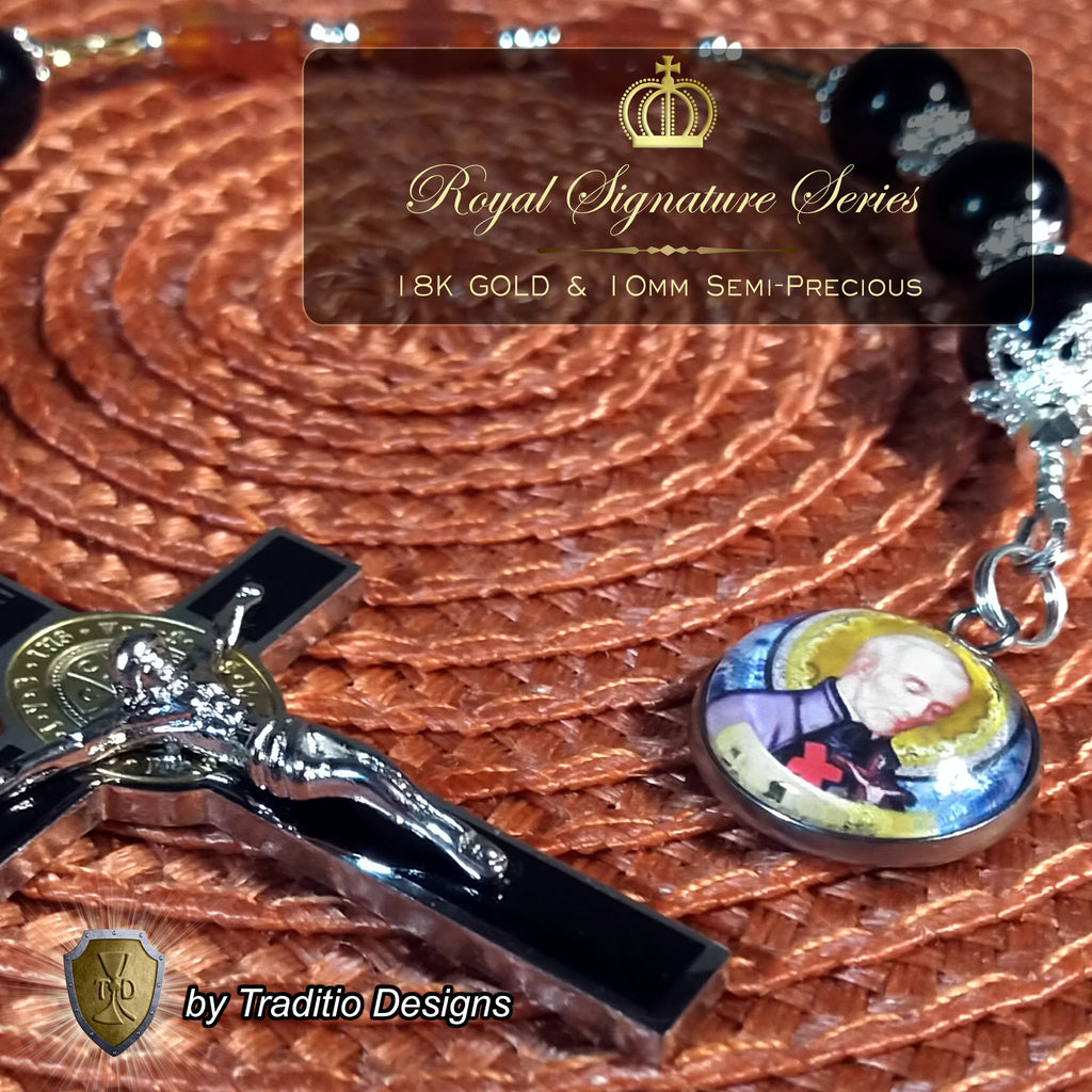 St. Camillus de Lellis Royal Limited Edition Relic Chaplet | 18K Gold Plated Crucifix | Healing of Sickness & Leg Injuries | Black Onyx & Carnelian Stones | 3rd Class Relic | Includes Instruction Prayer Card