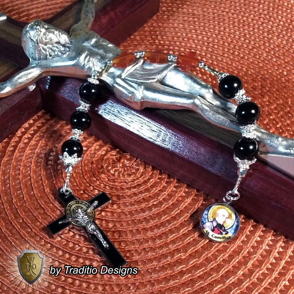 St. Camillus de Lellis Royal Limited Edition Relic Chaplet | 18K Gold Plated Crucifix | Healing of Sickness & Leg Injuries | Black Onyx & Carnelian Stones | 3rd Class Relic | Includes Instruction Prayer Card