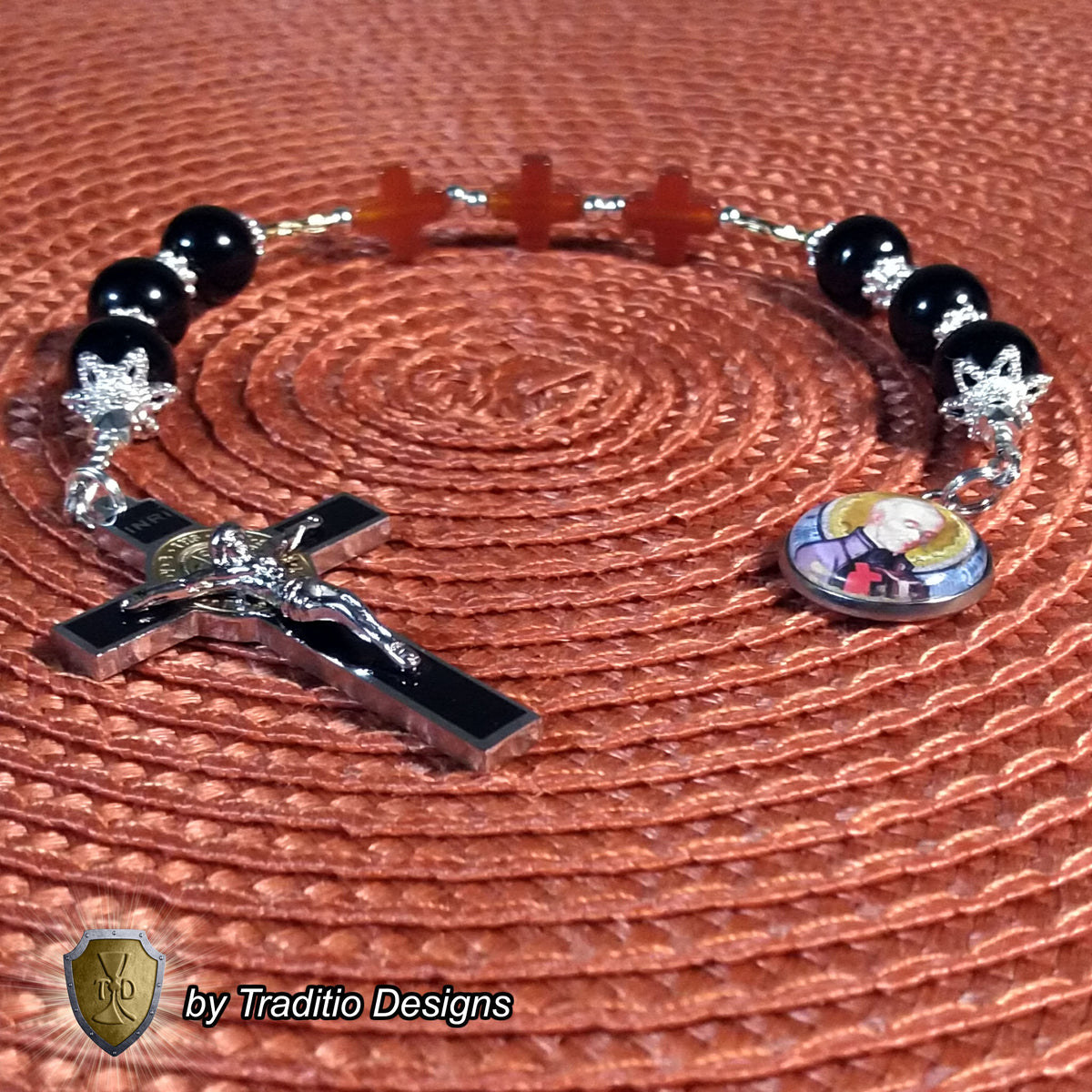 St. Camillus de Lellis Royal Limited Edition Relic Chaplet | 18K Gold Plated Crucifix | Healing of Sickness & Leg Injuries | Black Onyx & Carnelian Stones | 3rd Class Relic | Includes Instruction Prayer Card